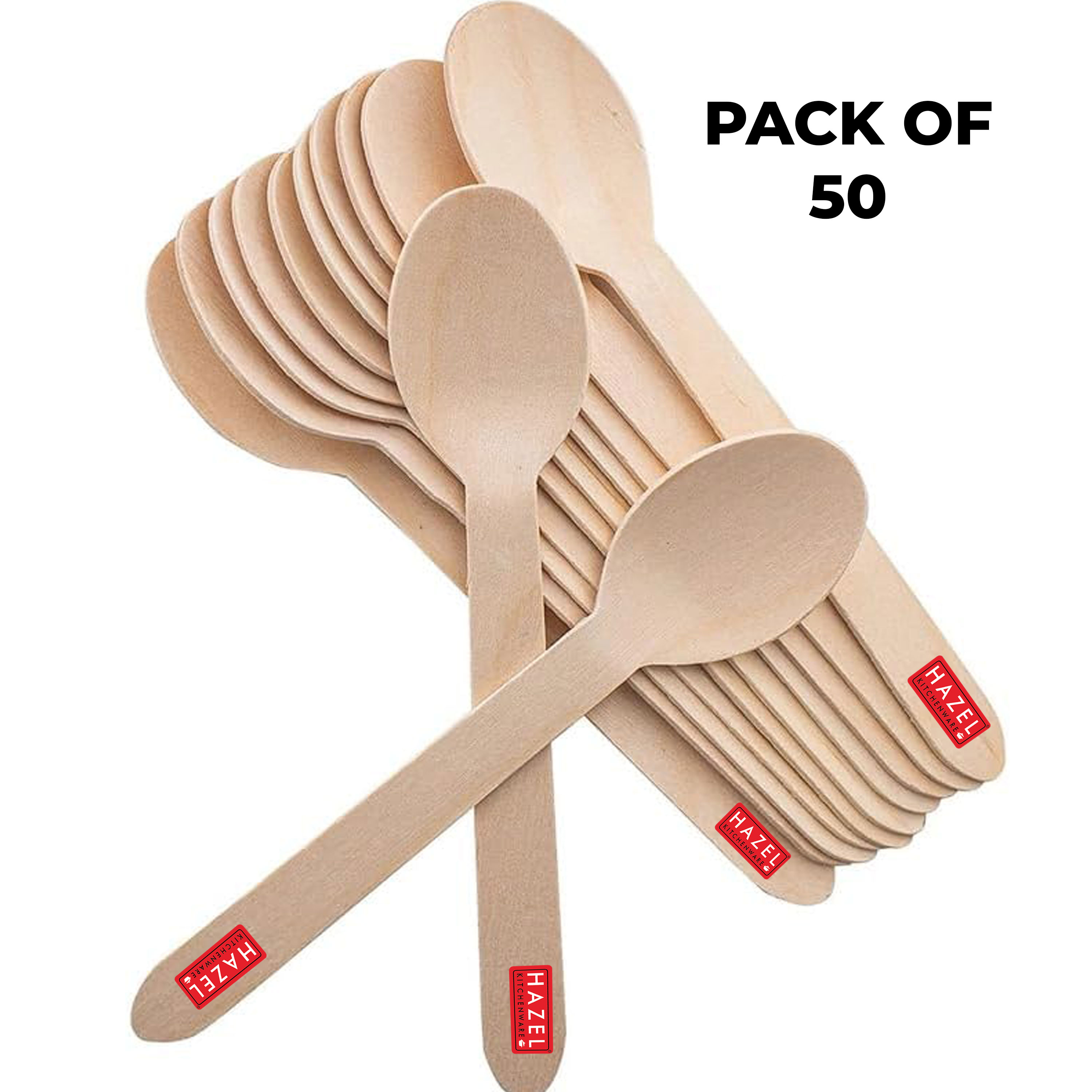 HAZEL Disposable Wooden Spoon 16 cm | Eco-Friendly, Biodegradable & Sturdy Cutlery for Parties & Events | Pack of 50