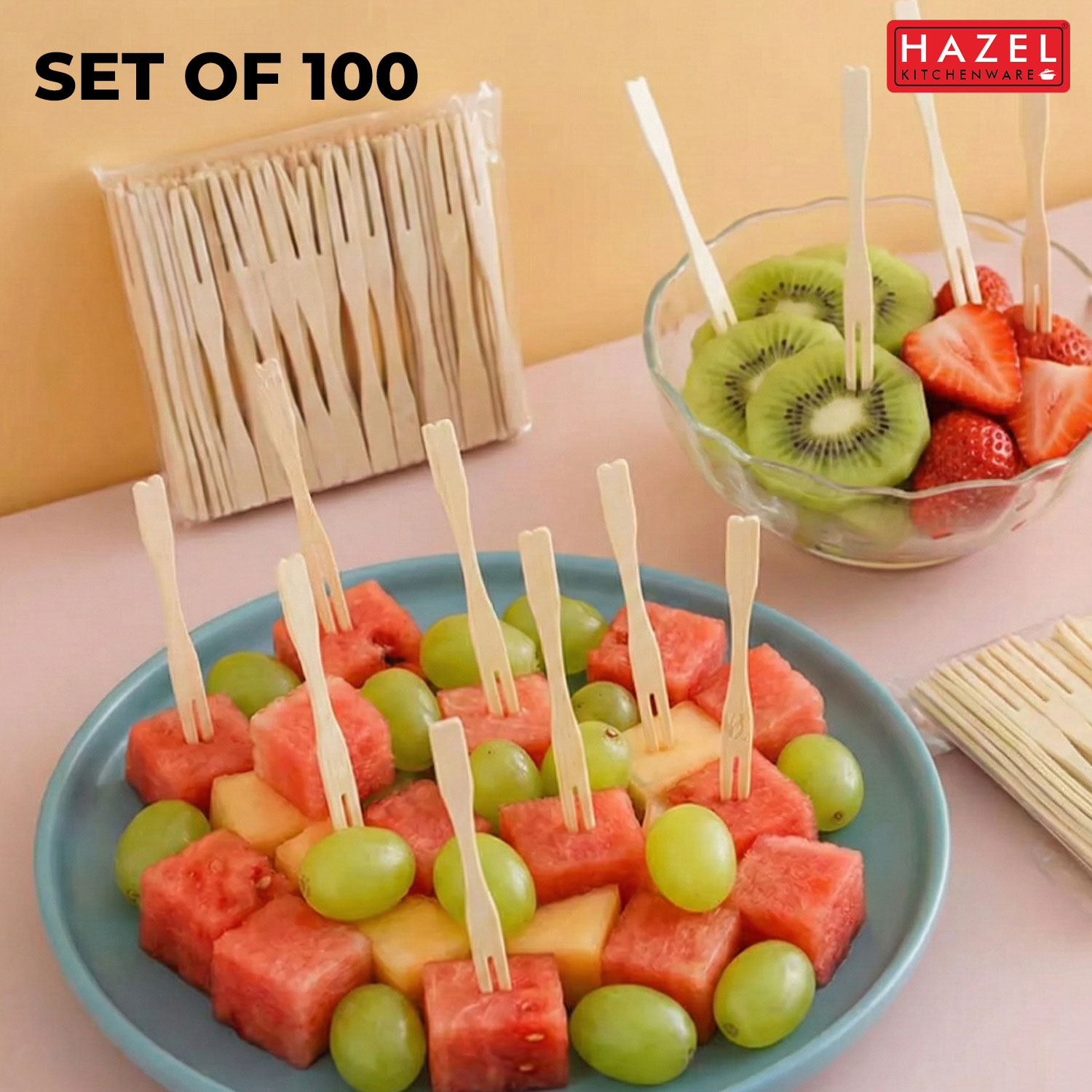 HAZEL Disposable Fruit Forks 9 cm, Mini Forks for Fruits, Desserts & Snacks, Food-Grade, Party & Catering Use, Pack of 100