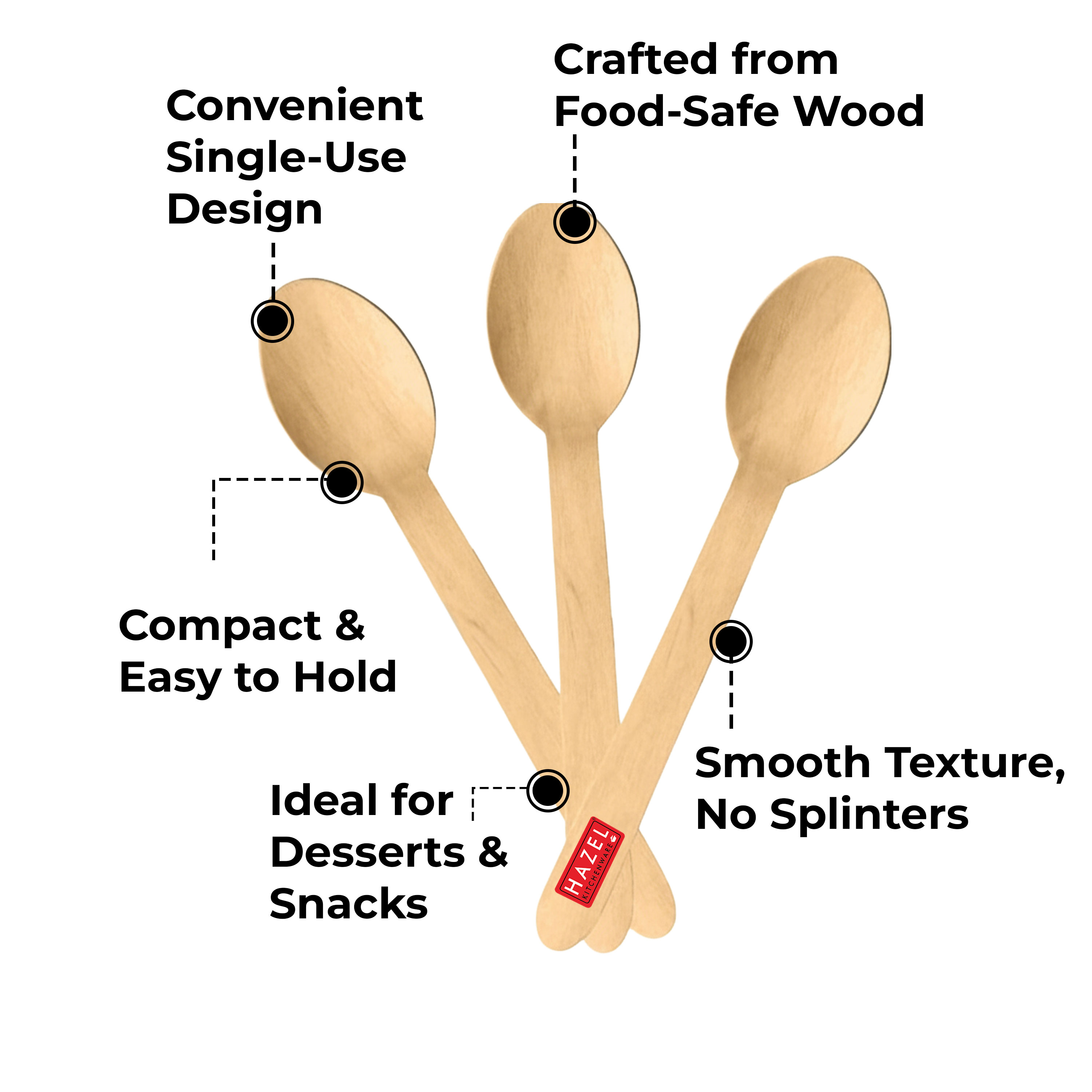 HAZEL Disposable Wooden Spoon 16 CM | Eco-Friendly, Biodegradable & Sturdy Cutlery for Parties & Events | Pack of 100