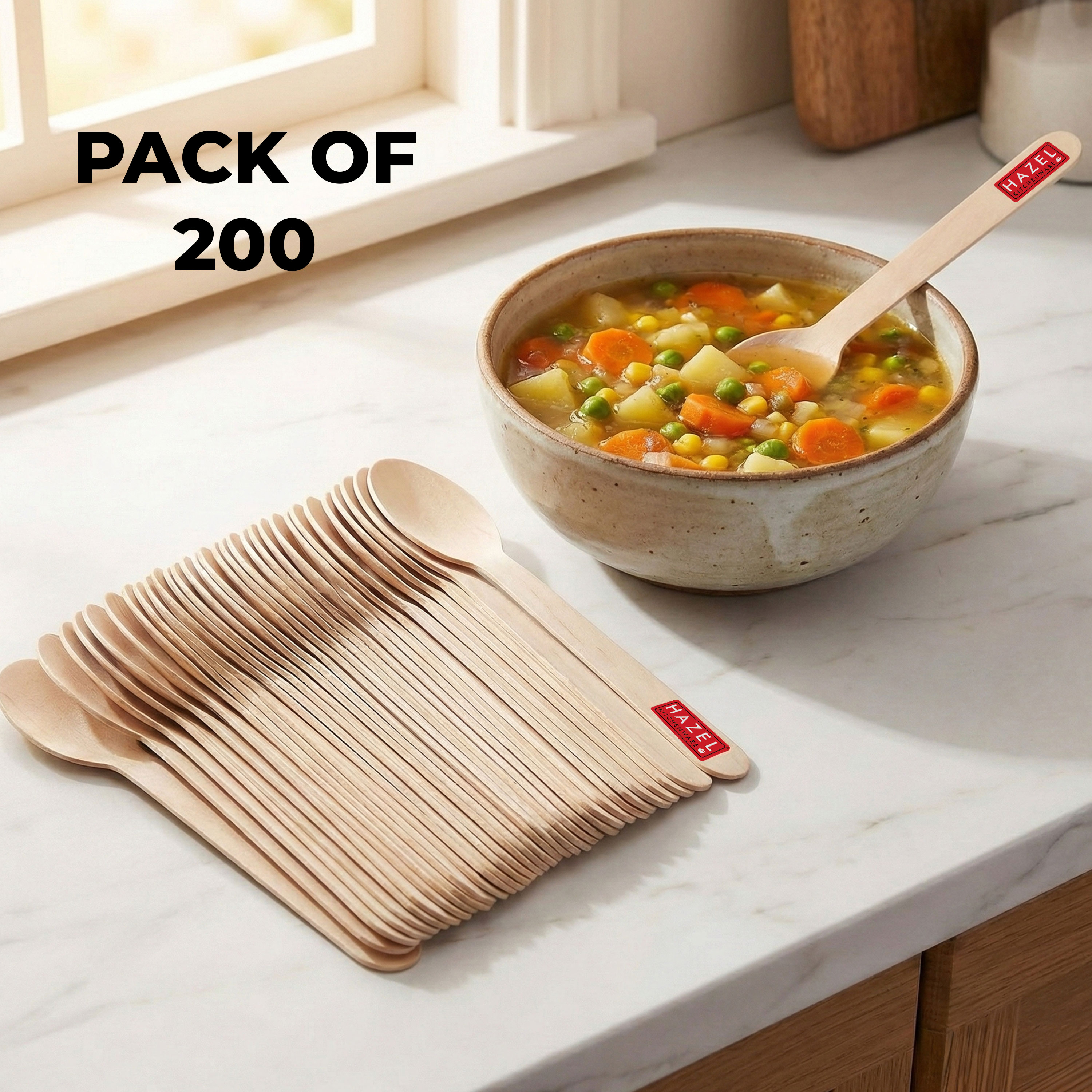 HAZEL Disposable Wooden Spoon 16 CM | Eco-Friendly, Biodegradable & Sturdy Cutlery for Parties & Events | Pack of 200