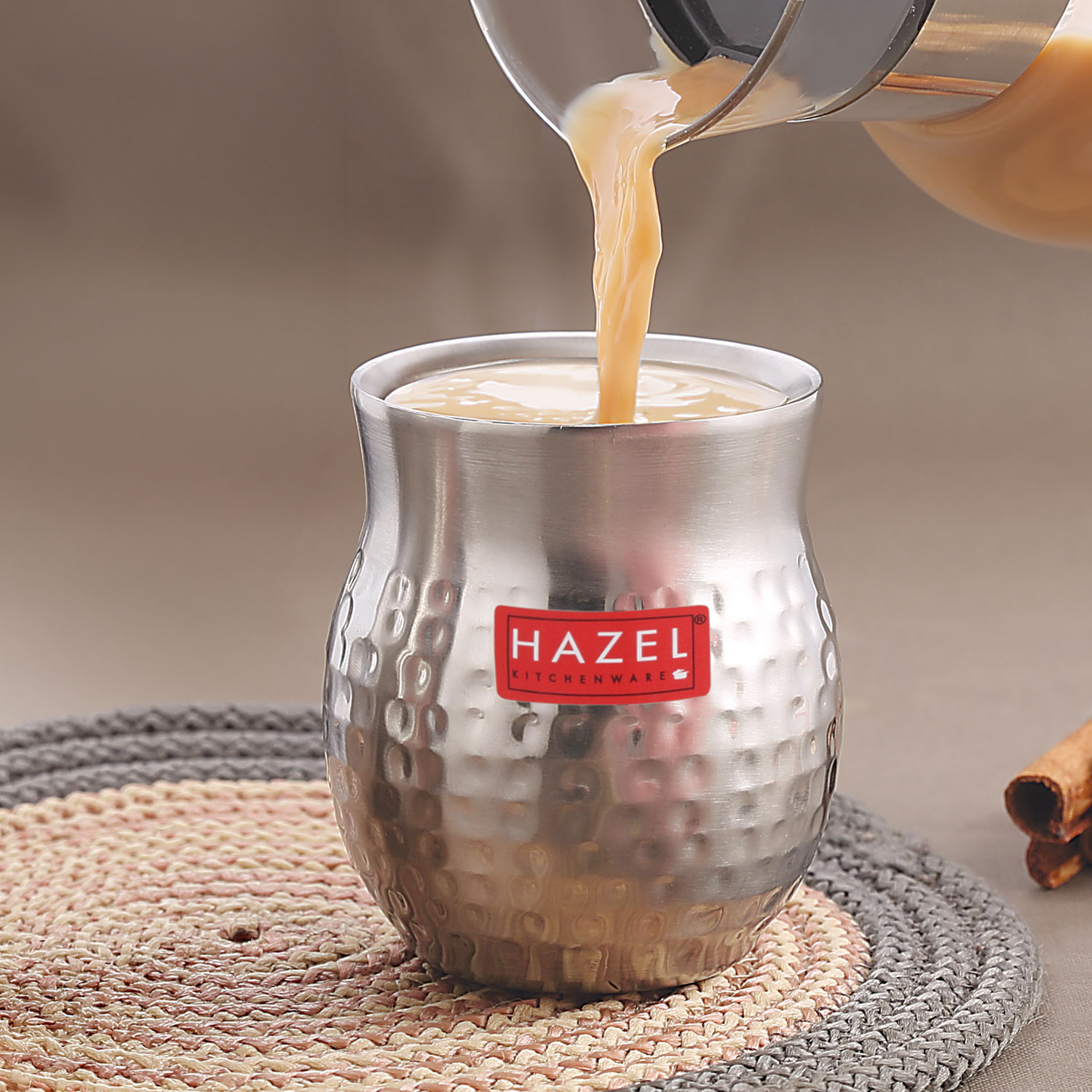 HAZEL Double Wall Stainless Steel Kullad Glass | Hammered Finish Tea & Coffee Cup | 150 ML | 6 cm Diameter