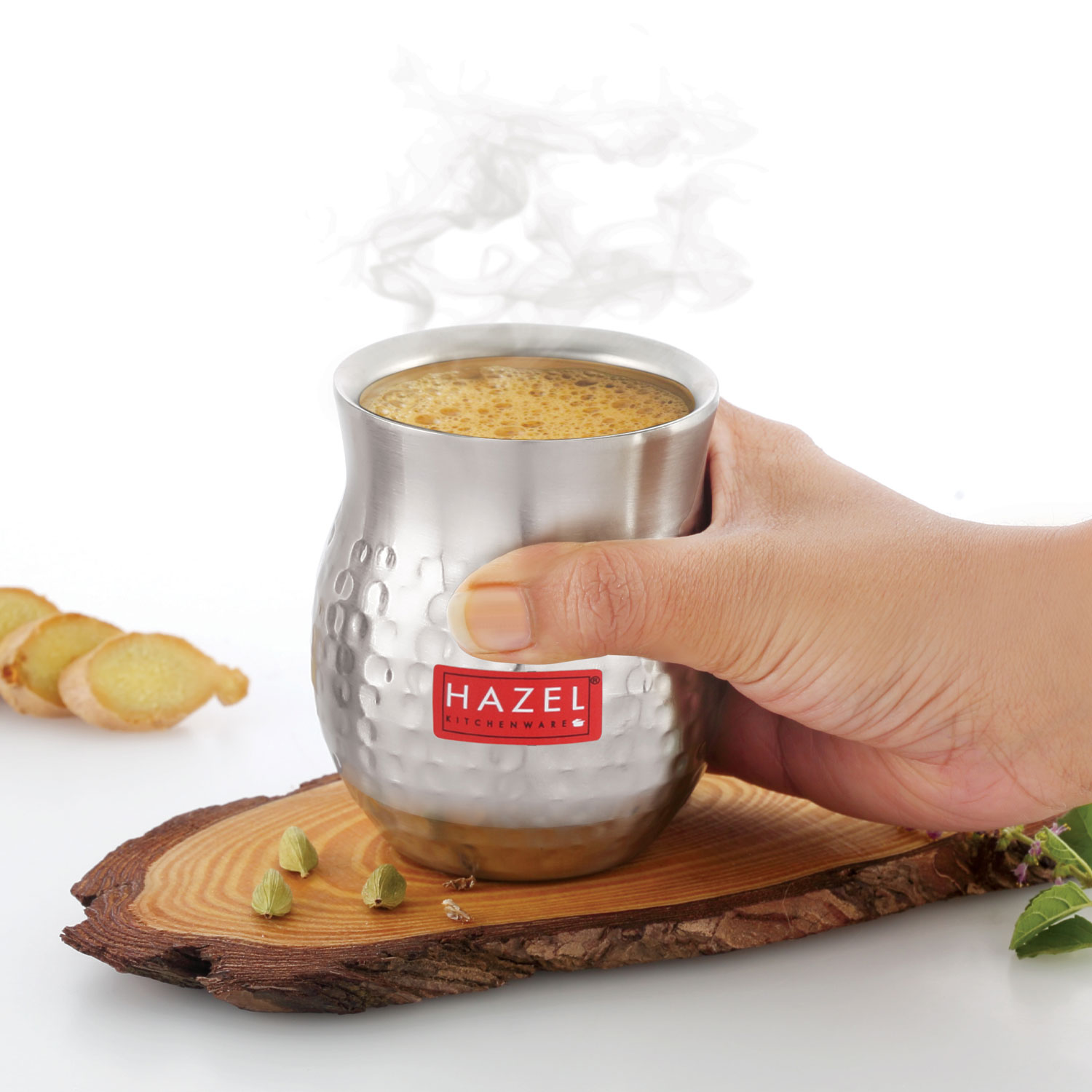 HAZEL Double Wall Stainless Steel Kullad Glass | Hammered Finish Tea & Coffee Cup | 150 ML | 6 cm Diameter