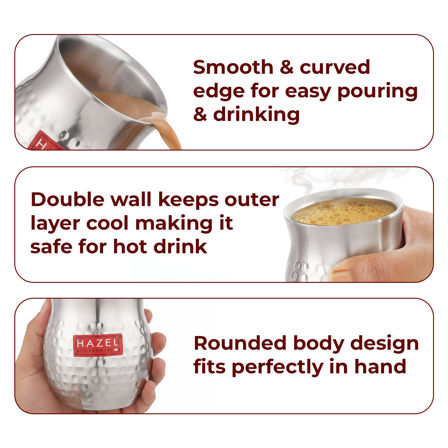 HAZEL Double Wall Stainless Steel Kullad Glass | Hammered Finish Tea & Coffee Cup | 150 ML | 6 cm Diameter