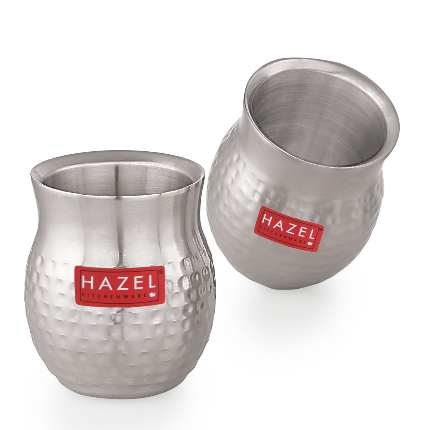 HAZEL Double Wall Stainless Steel Kullad Set of 2 | Hammered Finish Tea & Coffee Cups | 150 ML | 6 cm Diameter