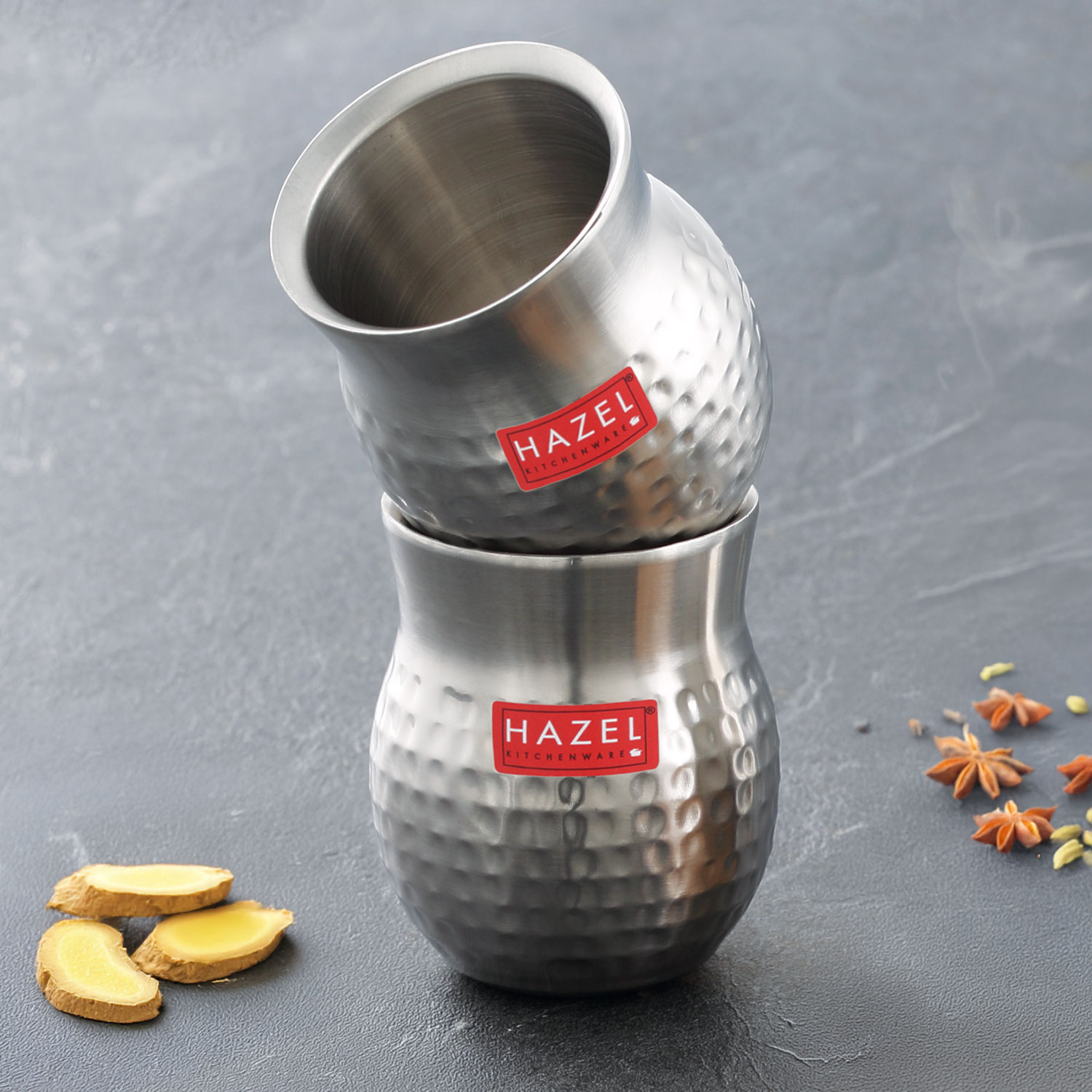 HAZEL Double Wall Stainless Steel Kullad Set of 2 | Hammered Finish Tea & Coffee Cups | 150 ML | 6 cm Diameter