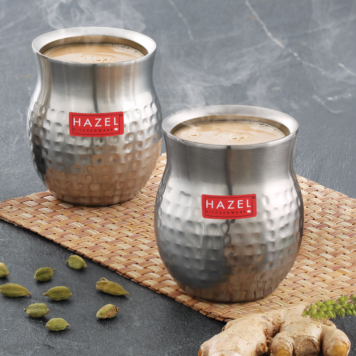 HAZEL Double Wall Stainless Steel Kullad Set of 2 | Hammered Finish Tea & Coffee Cups | 150 ML | 6 cm Diameter
