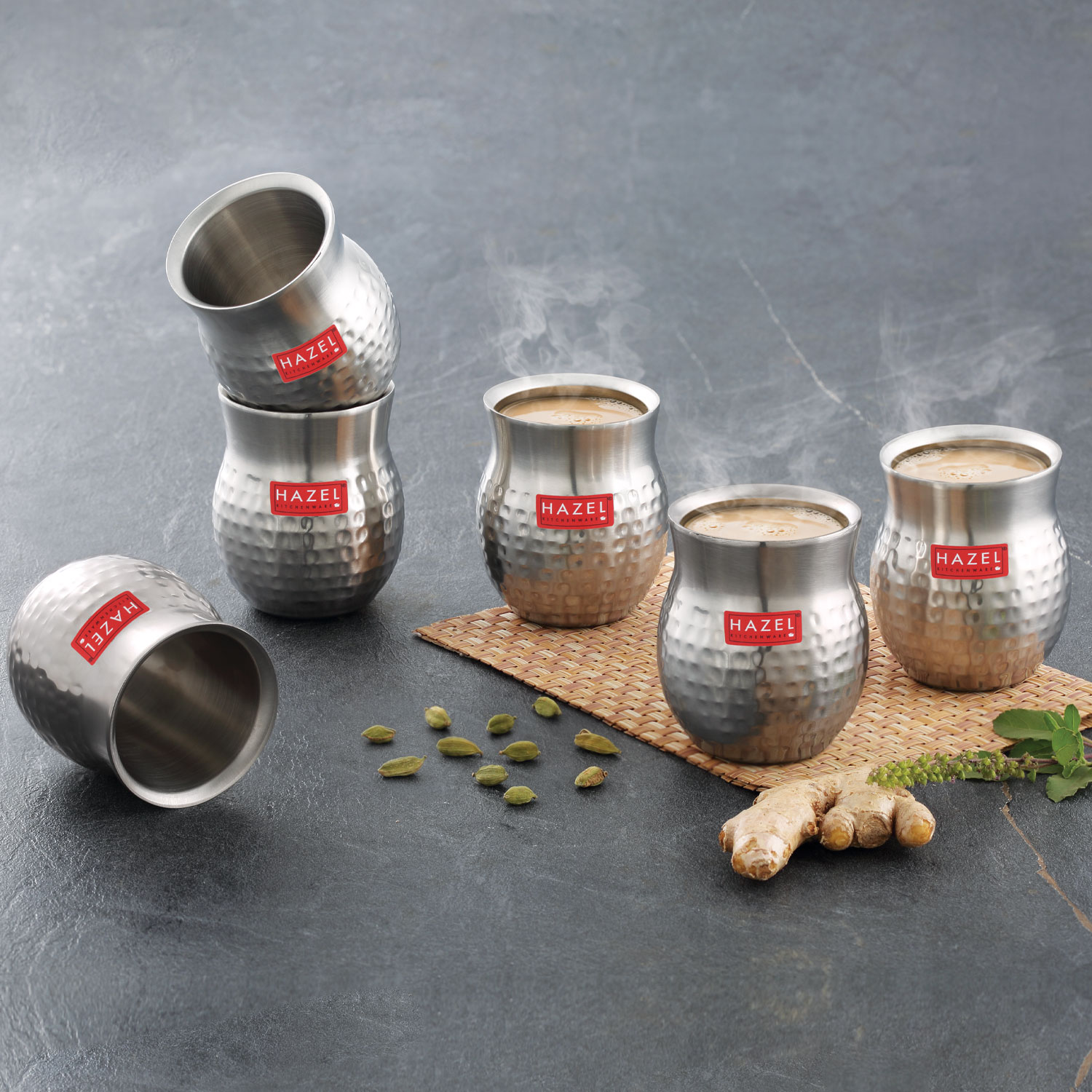 HAZEL Double Wall Stainless Steel Kullad Set of 6 | Hammered Finish Tea & Coffee Cups | 150 ML | 6 cm Diameter