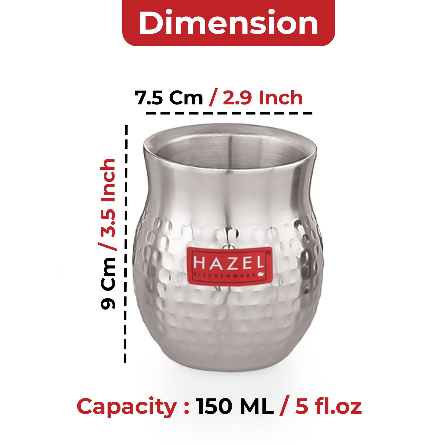 HAZEL Double Wall Stainless Steel Kullad Set of 6 | Hammered Finish Tea & Coffee Cups | 150 ML | 6 cm Diameter