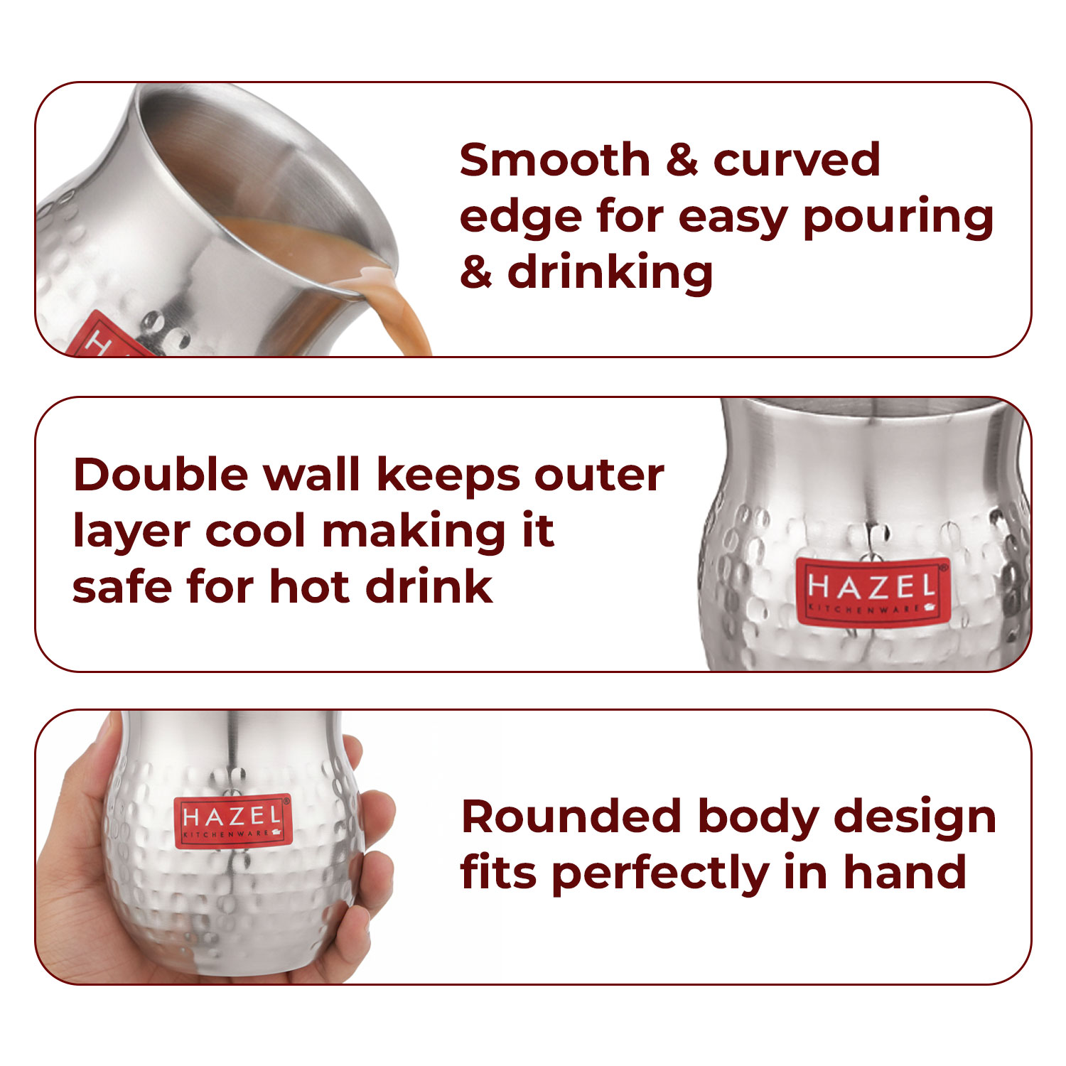 HAZEL Double Wall Stainless Steel Kullad Set of 6 | Hammered Finish Tea & Coffee Cups | 150 ML | 6 cm Diameter