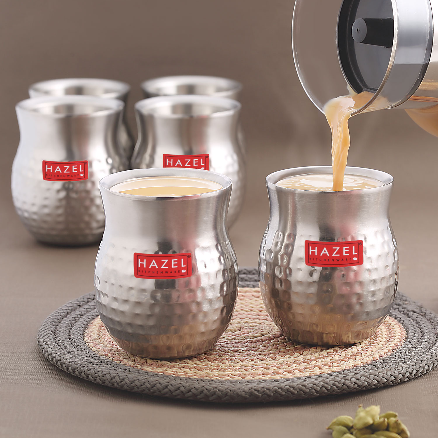 HAZEL Double Wall Stainless Steel Kullad Set of 6 | Hammered Finish Tea & Coffee Cups | 150 ML | 6 cm Diameter