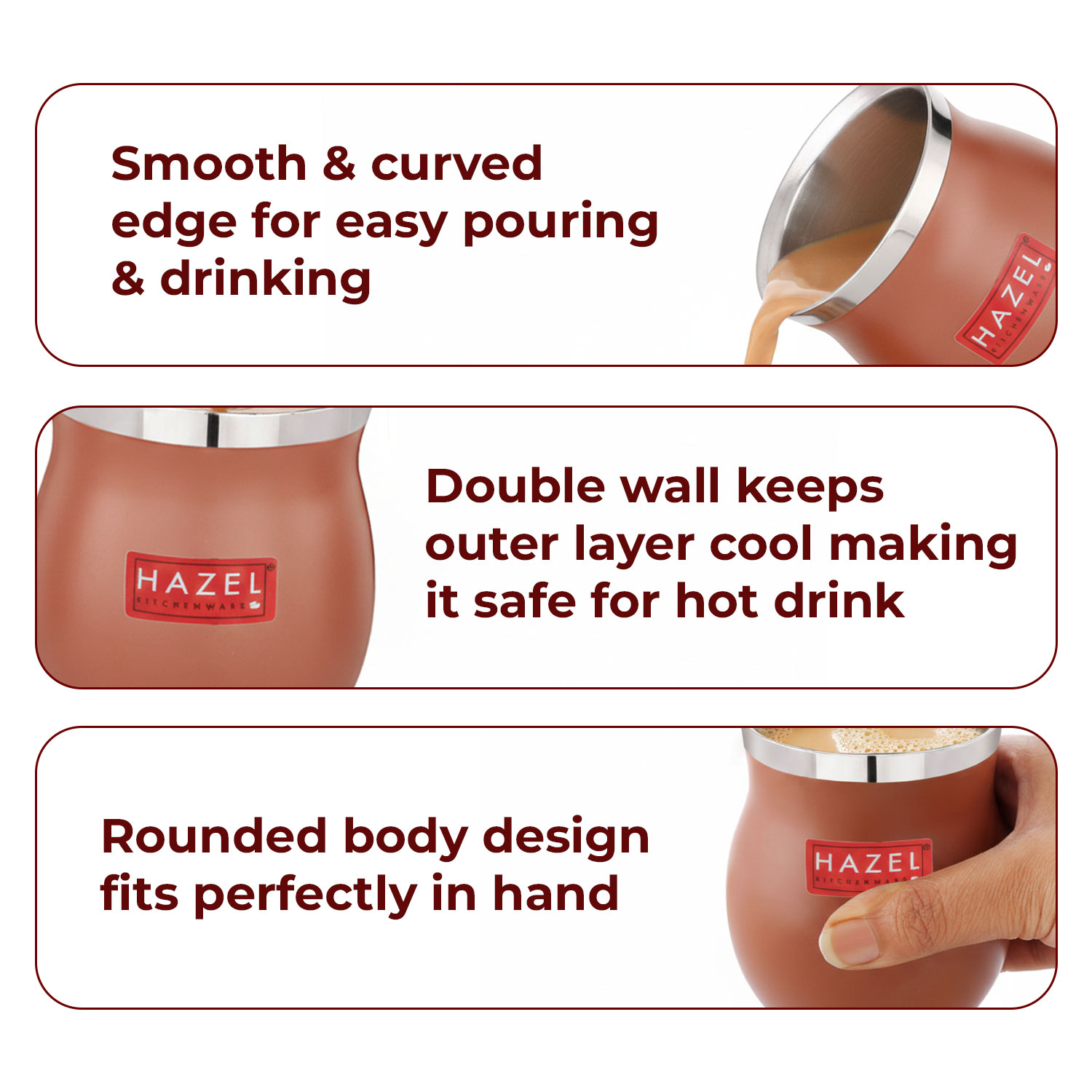 HAZEL Double Wall Stainless Steel Kullad Set of 2 | Matt Brown Finish Tea & Coffee Cups | 150 ML