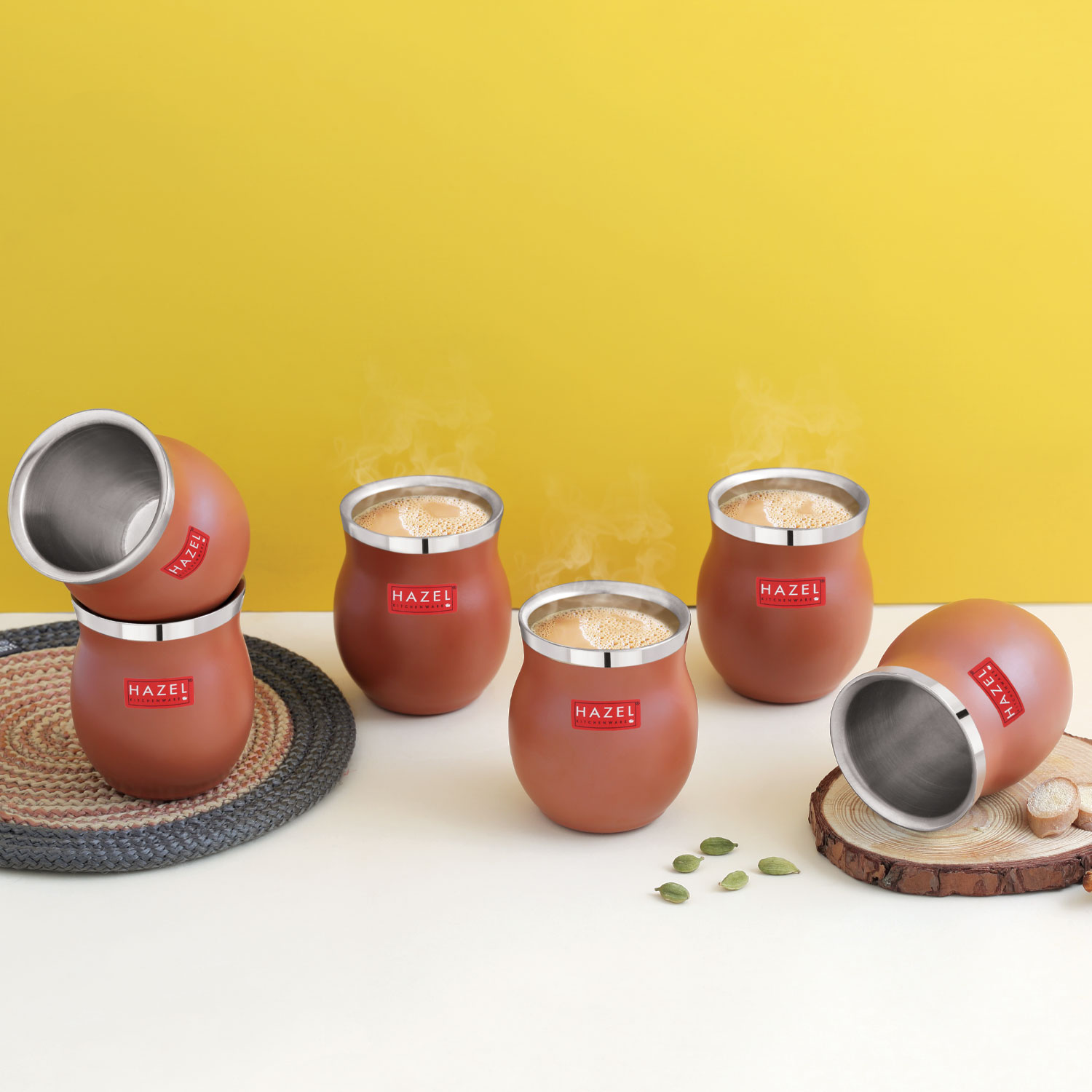HAZEL Double Wall Stainless Steel Kullad Set of 6 | Matt Brown Finish Tea & Coffee Cups | 150 ML