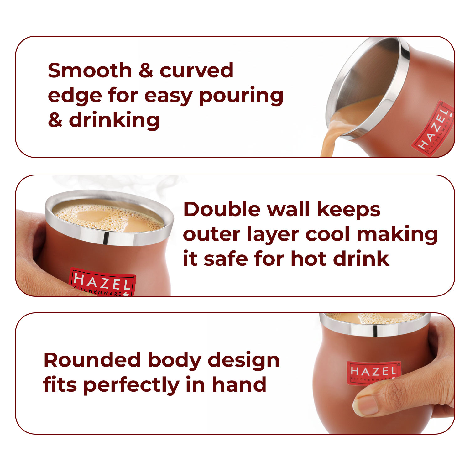 HAZEL Double Wall Stainless Steel Kullad Set of 6 | Matt Brown Finish Tea & Coffee Cups | 150 ML