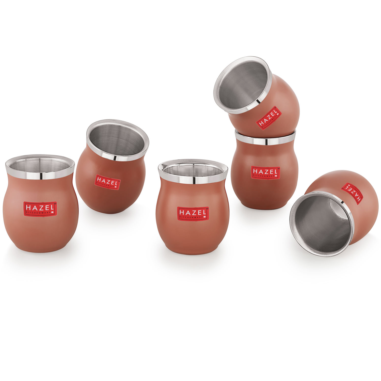 HAZEL Double Wall Stainless Steel Kullad Set of 6 | Matt Brown Finish Tea & Coffee Cups | 150 ML