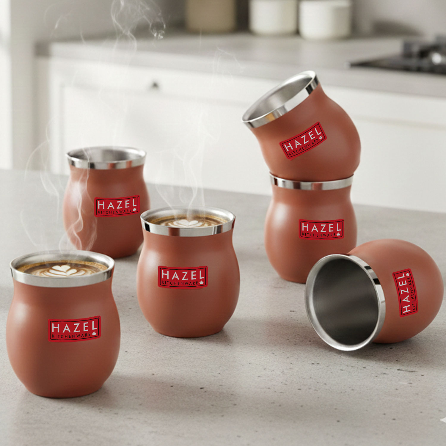 HAZEL Double Wall Stainless Steel Kullad Set of 6 | Matt Brown Finish Tea & Coffee Cups | 150 ML