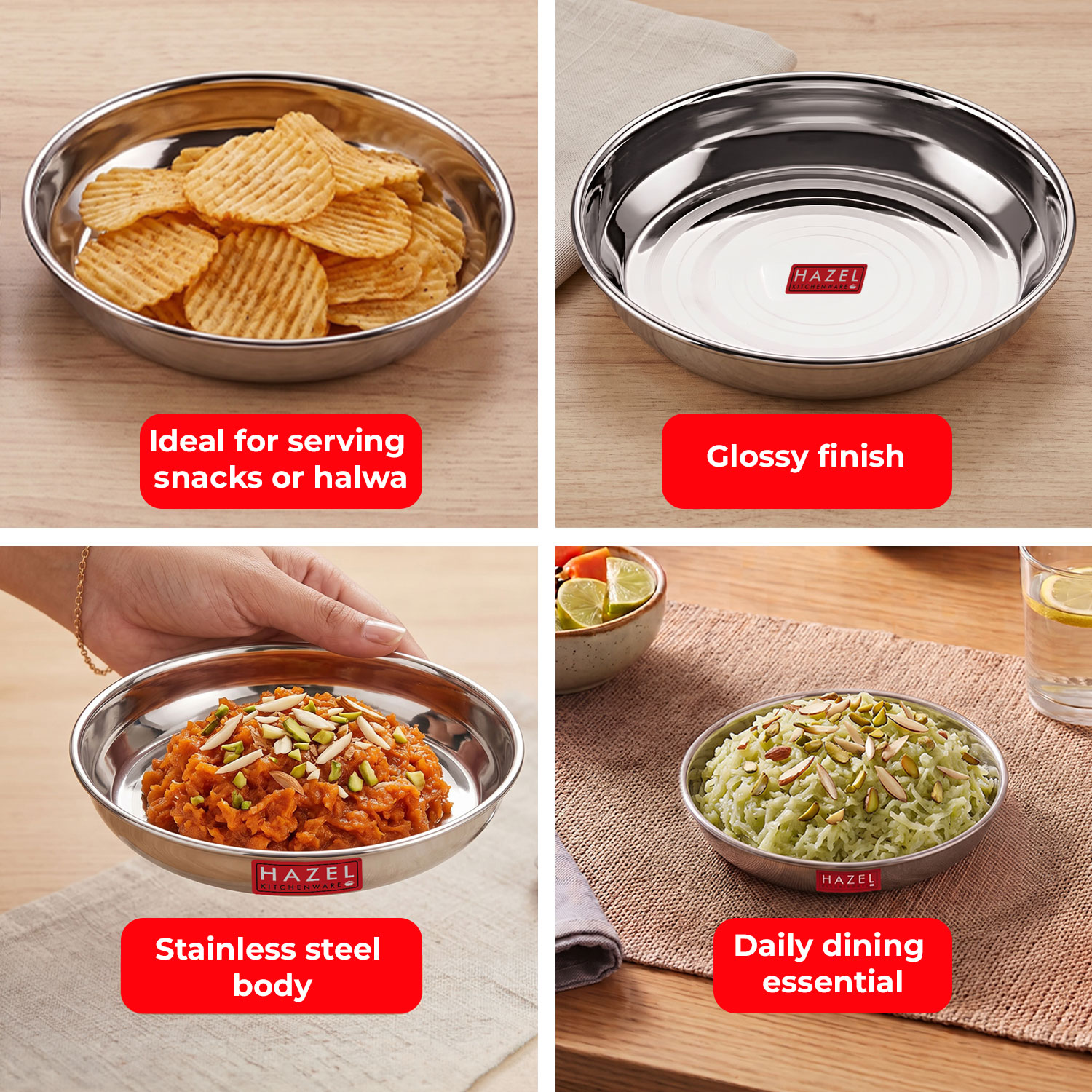 HAZEL Stainless Steel Plates Set | Small Steel Plates For Snacks | Breakfast Plates, 300 ML, Set of 3