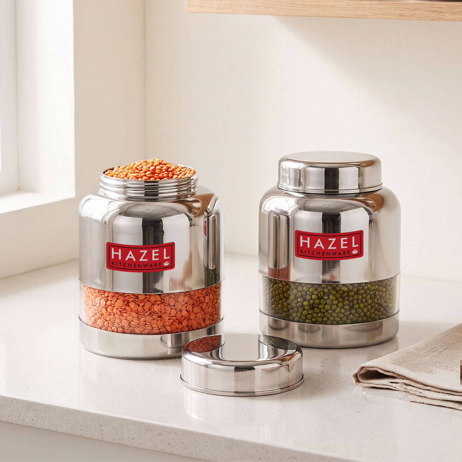 HAZEL Stainless Steel Transparent Glossy Finish Airtight See Through Container Barni Set of 2, 1000 ML, Silver