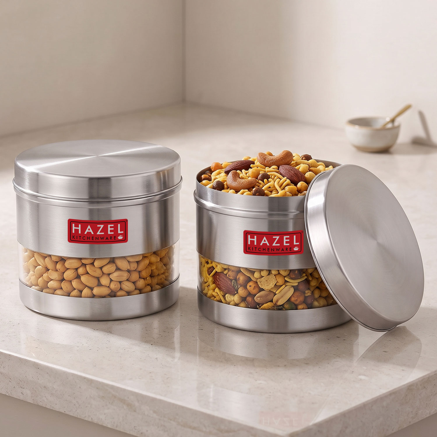 HAZEL Stainless Steel Containers Set For Kitchen Storage Transparent See Through Matt Finish Storage Jars Dabba, Set of 2, 1100 ML Each, Silver