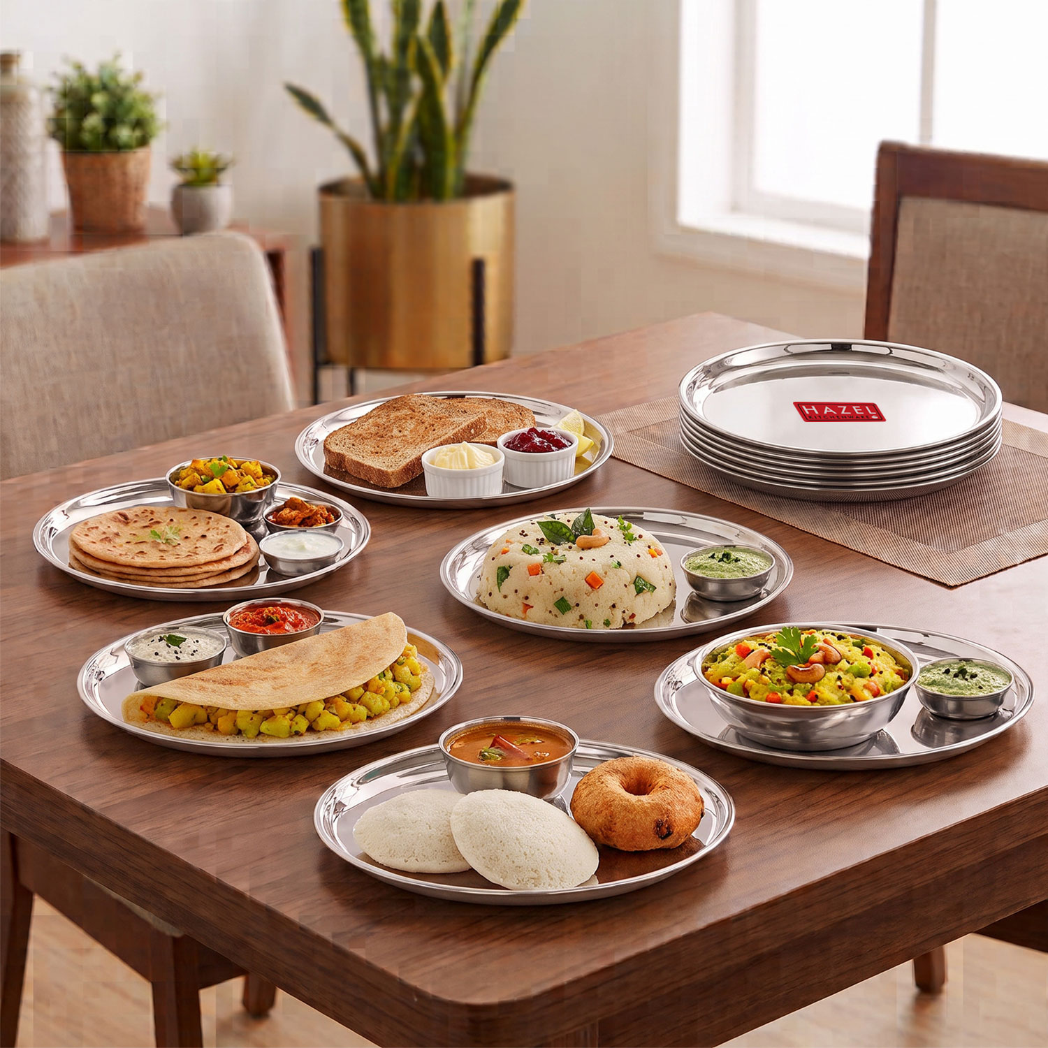 HAZEL Stainless Steel Breakfast Plate with Glossy Finish | Quarter Plates for Kids Serveware Tableware | Thali plates For Kitchen | Serving Plates Set of 12, 23.5 cm
