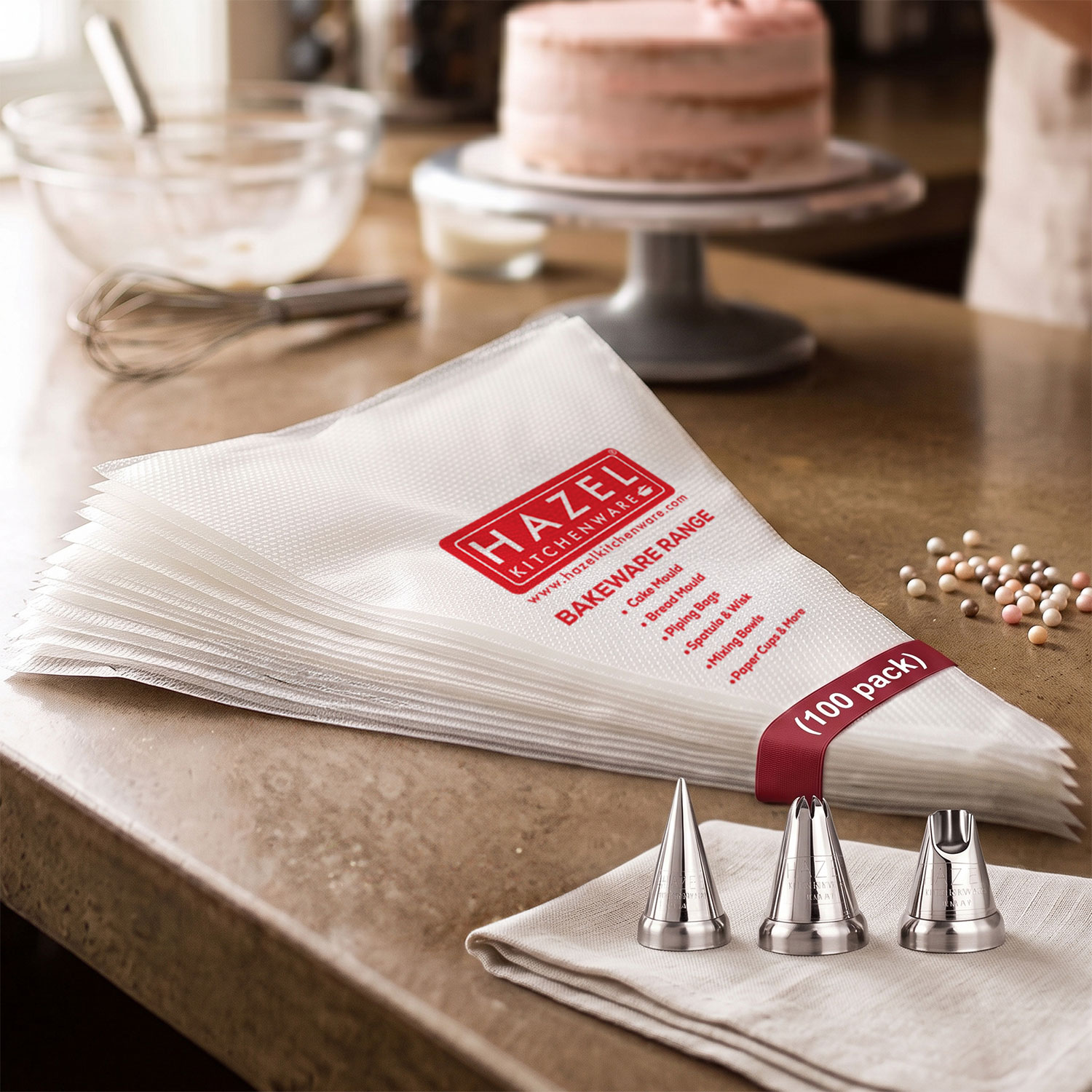 HAZEL Disposable Piping Bags 100 Pcs with 3 Nozzles Round, Star & Ruffles Nozzle Set, Reusable Piping Bags