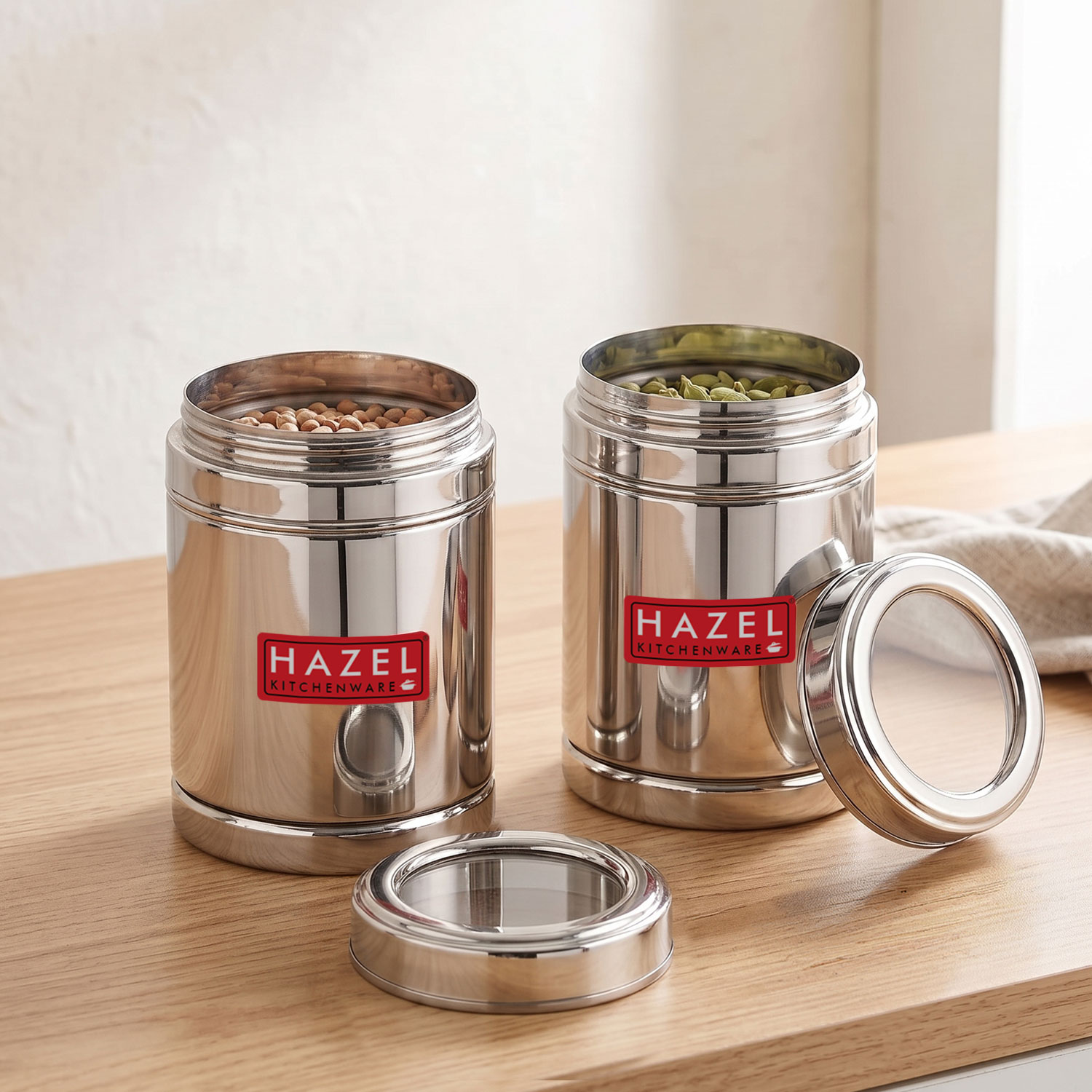 HAZEL Steel Tea Container with Transparent Lid | Transparent Lid Tea Powder Storage Box For Kitchen |Food Grade Steel Kitchen Container, Set of 2, 1000 ML