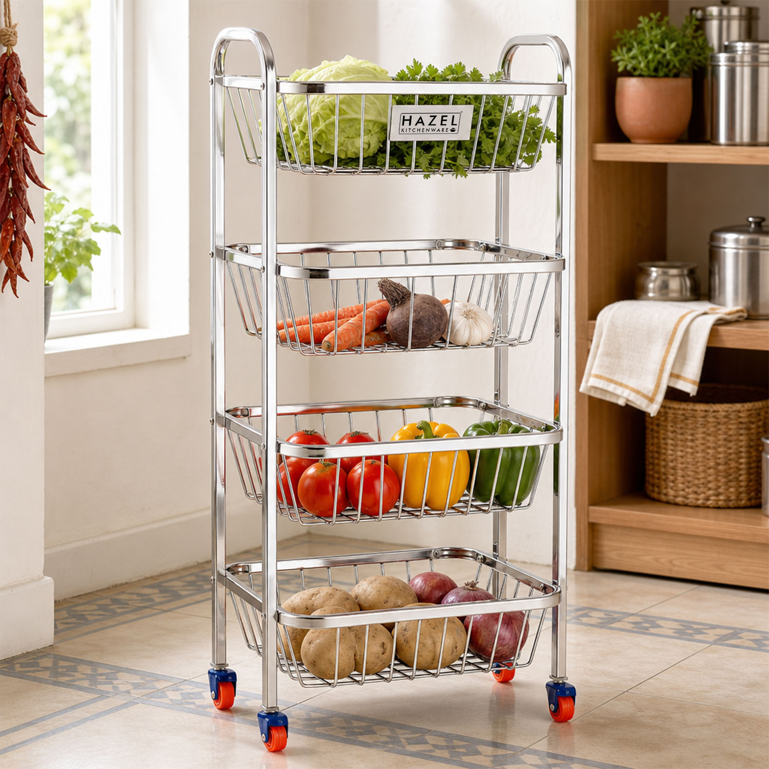 HAZEL Stainless Steel Fruit Baskets | 32.8 Inches Height Fruit and Vegetable Trolly basket 4 Layer | Stand for Kitchen Rack | Multipurpose Fruit Basket Steel Trolley with Wheels