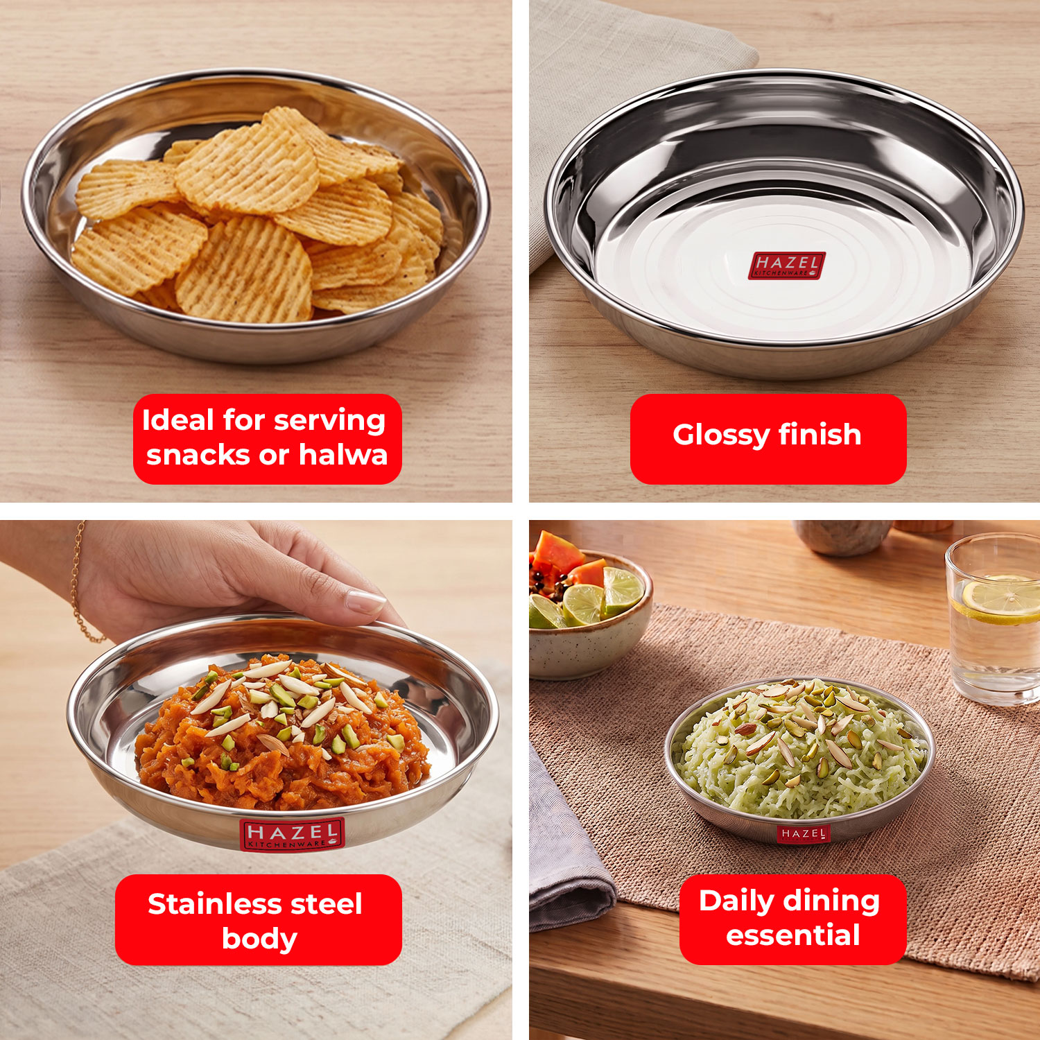 HAZEL Stainless Steel Plates Set | Small Steel Plates For Snacks | Breakfast Plates, 300 ML, Set of 1