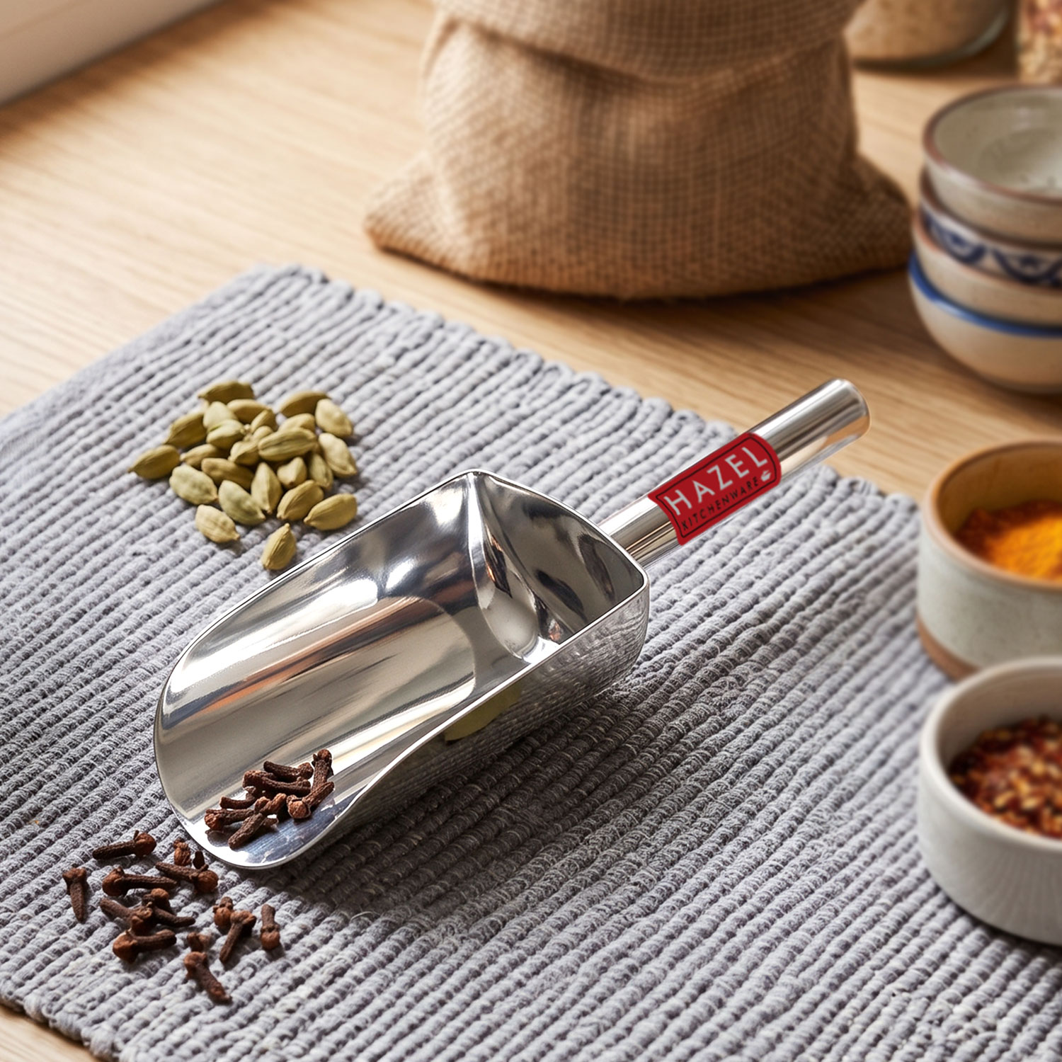 HAZEL Stainless Steel Scoop Spoon | Grocery Flour Grain Dry Foods Candy Spice Scoop | Steel Scoops For Grocery Shop Store | Grocery Shop Accessories Equipment, Extra Small, Silver