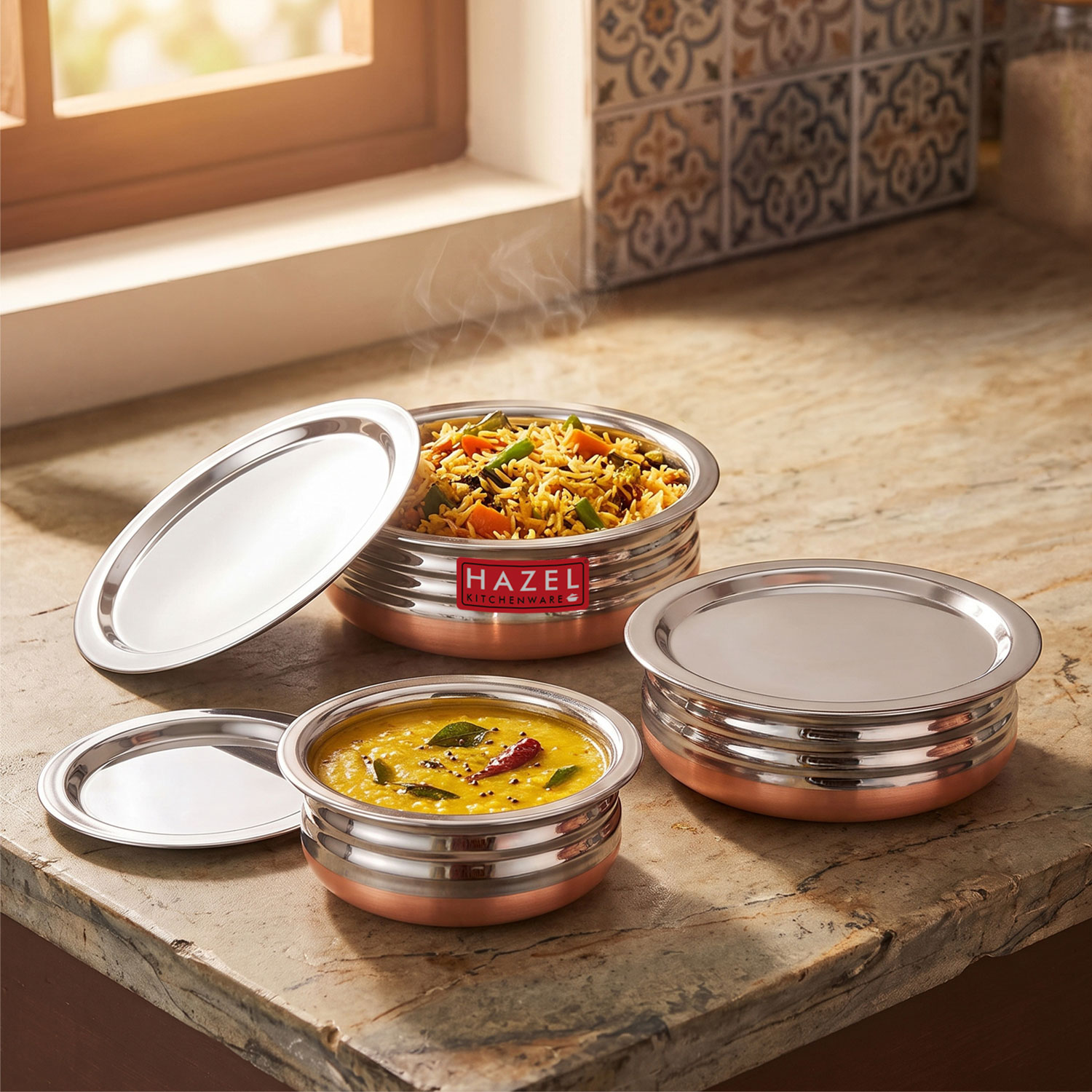 HAZEL Copper Bottom Urli Handi Set with Lid Cover| Premium Stainless Steel Cookware Set | Serving Cooking Tope Bowl for Kitchen | Copper Bottom Vessels for Cooking, 3 Piece