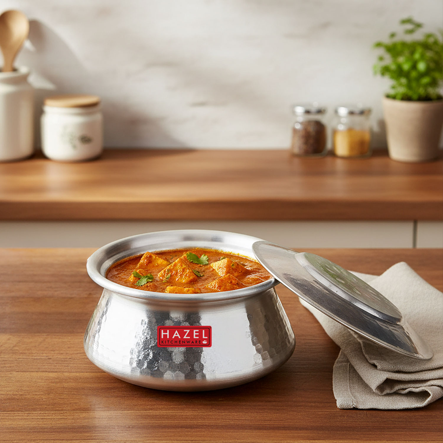 HAZEL Handi for Cooking I Aluminium Vessels for Cooking, 2450 ML Pot with Traditional Hammered Finish | Biryani Handi Set with lid for Cooking, Silver