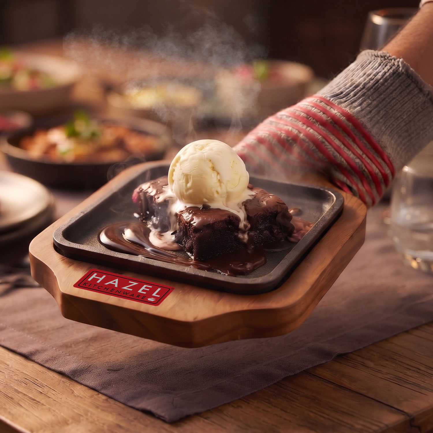 HAZEL Sizzling Brownie Plate / Tray With Wooden Base Square 6 Inch