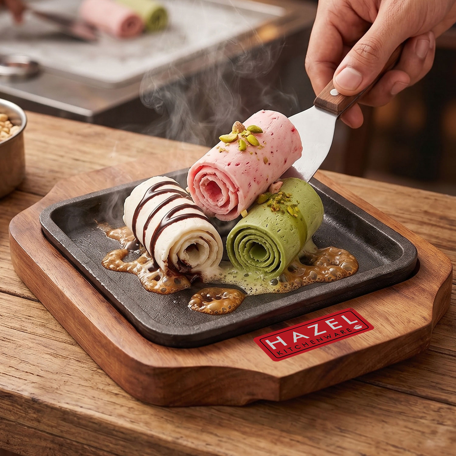 HAZEL Sizzling Brownie Plate / Tray With Wooden Base Square 6 Inch
