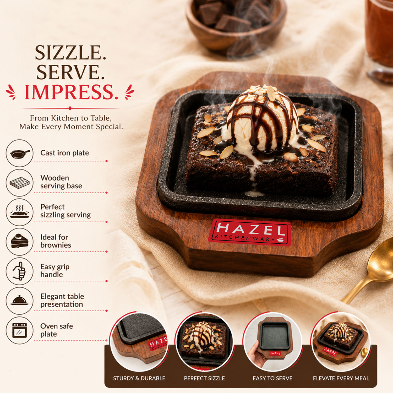 HAZEL Sizzling Brownie Plate / Tray With Wooden Base Square 6 Inch
