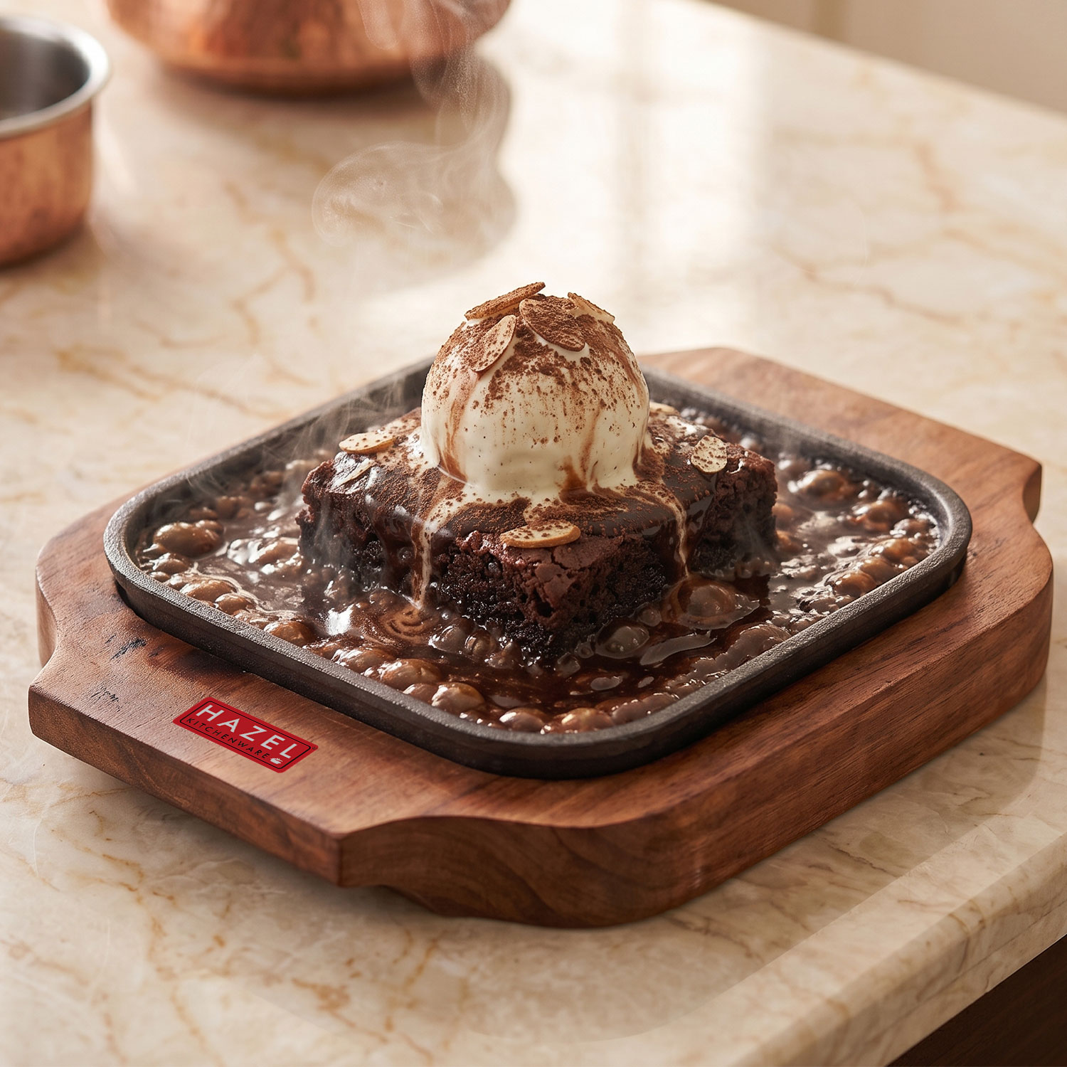 HAZEL Sizzling Brownie Plate / Tray With Wooden Base Square 6 Inch