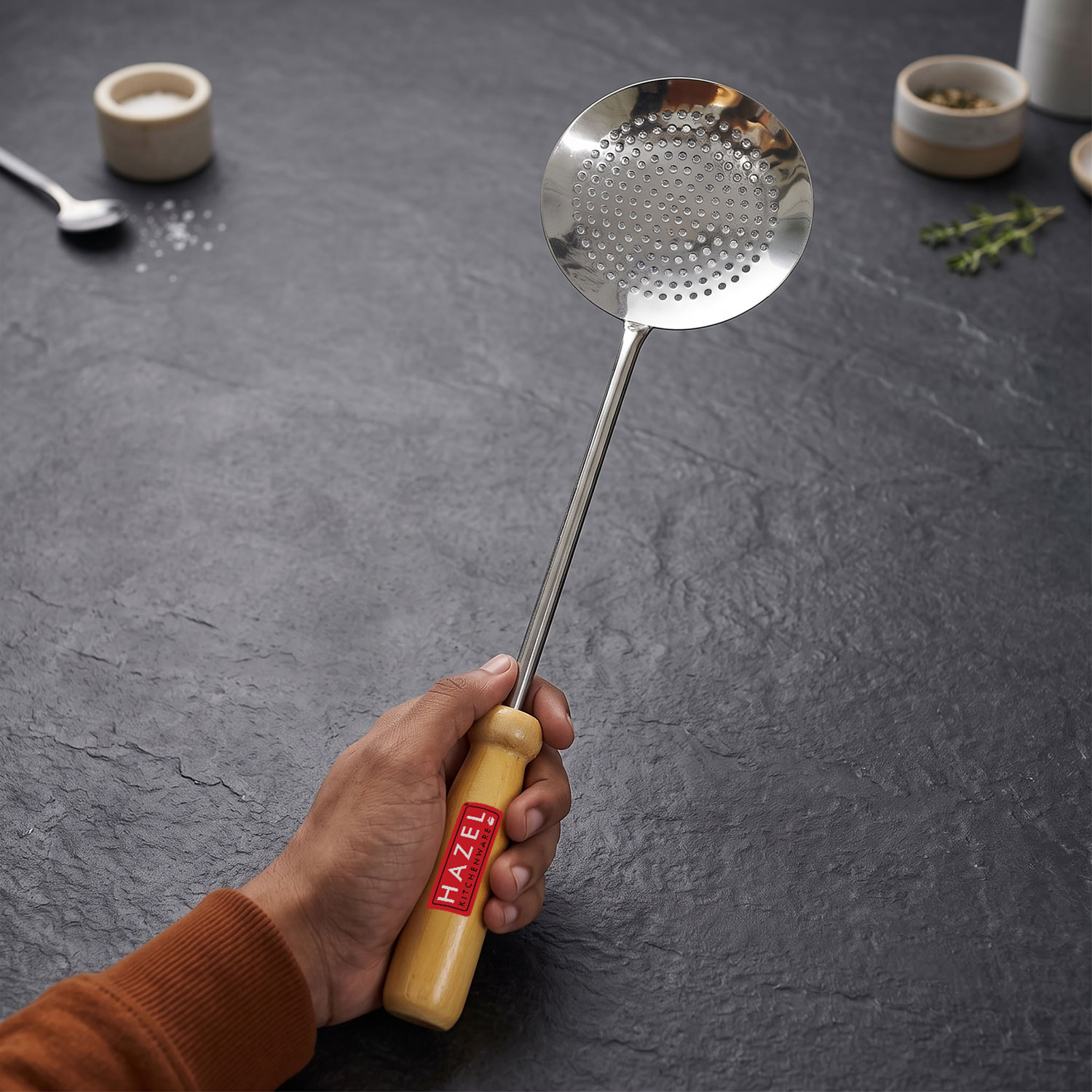 HAZEL Steel Frying Jhara No 5 Wooden Handle 46 cm, Silver