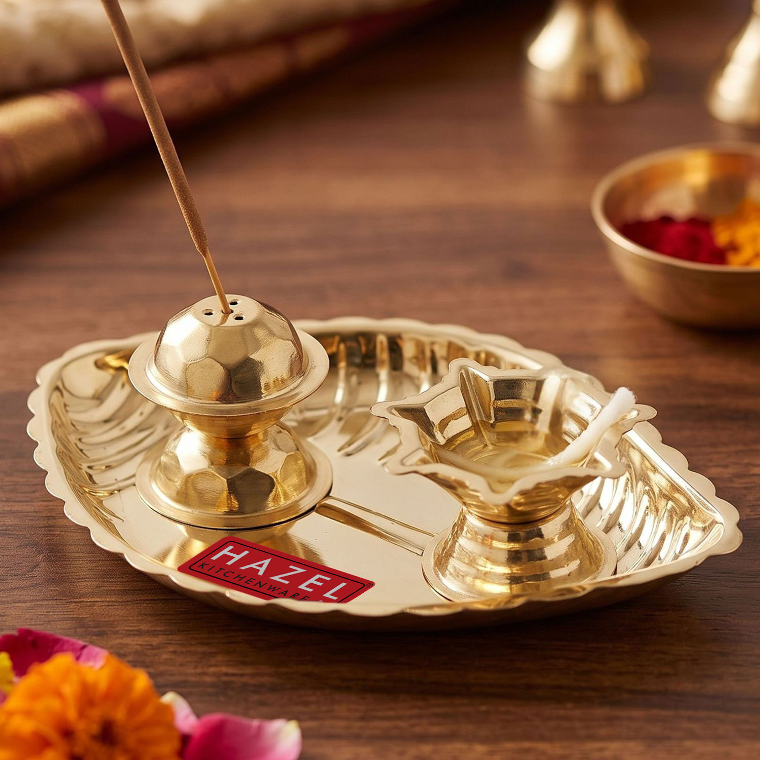HAZEL Shank Karma Brass Pooja Thali Set of 2, Brass