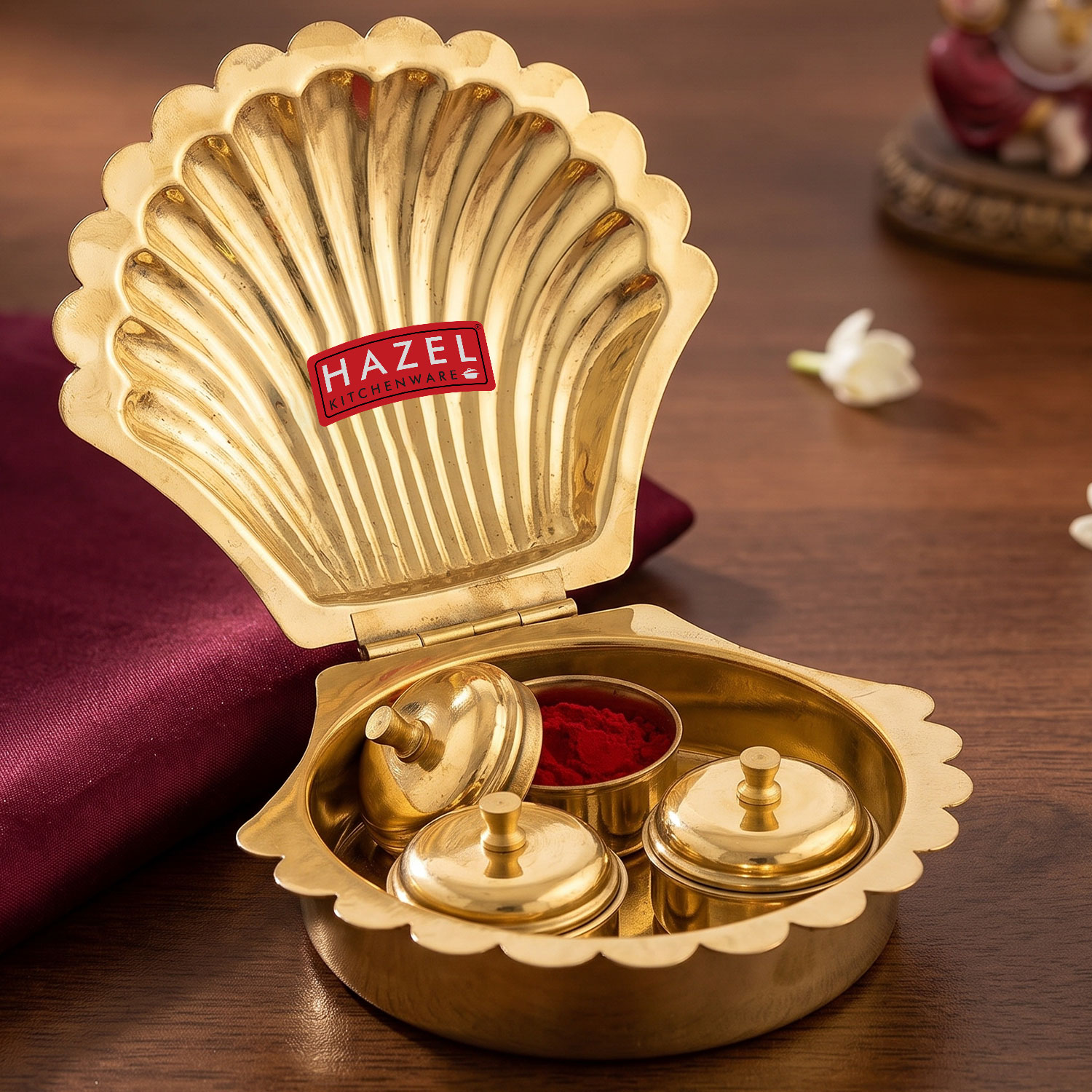 HAZEL Brass Shell Shape Kori Karanda Haldi Kumkum Box, 11.5 x 11.5 cm, Golden