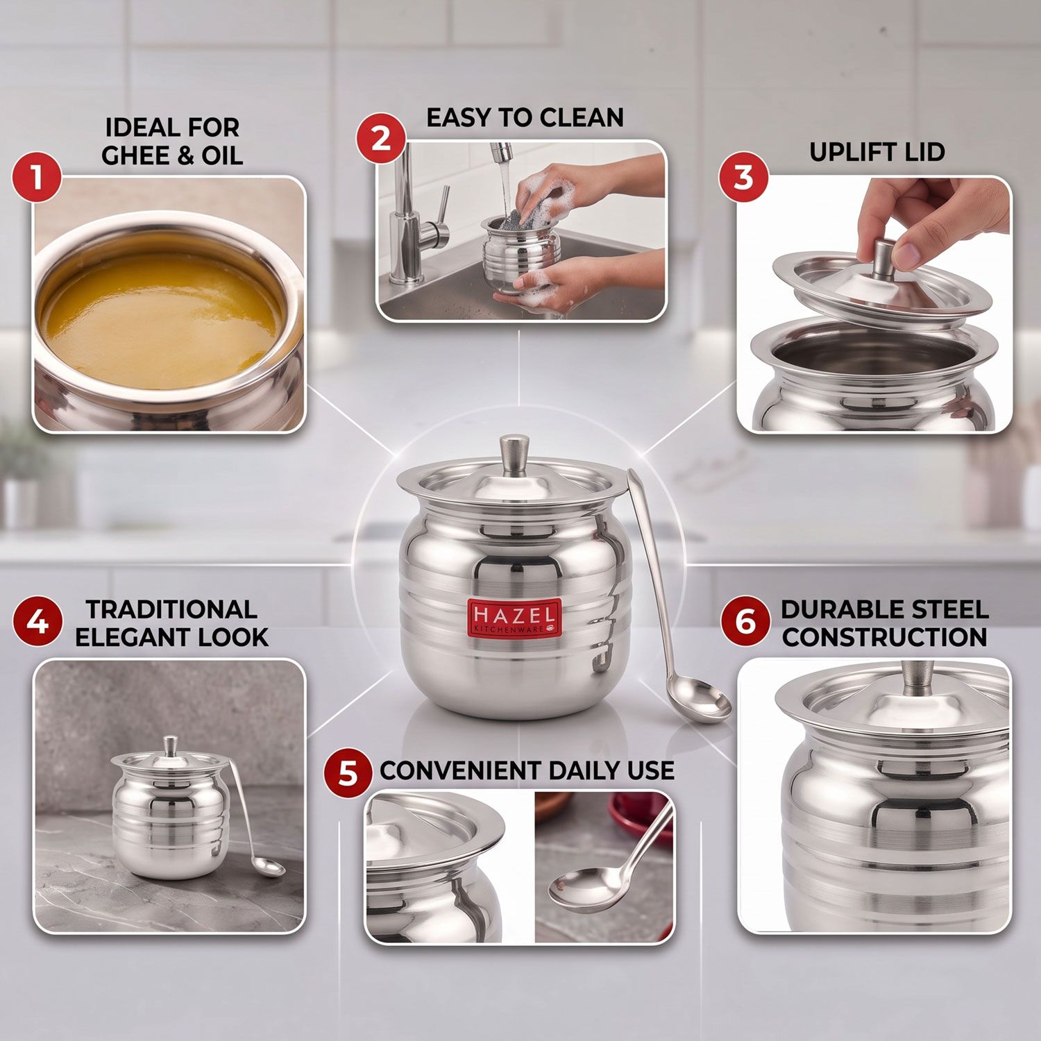 HAZEL Stainless Steel Supreme Hammered Finish Oil Ghee Pot, 450 ml, Silver