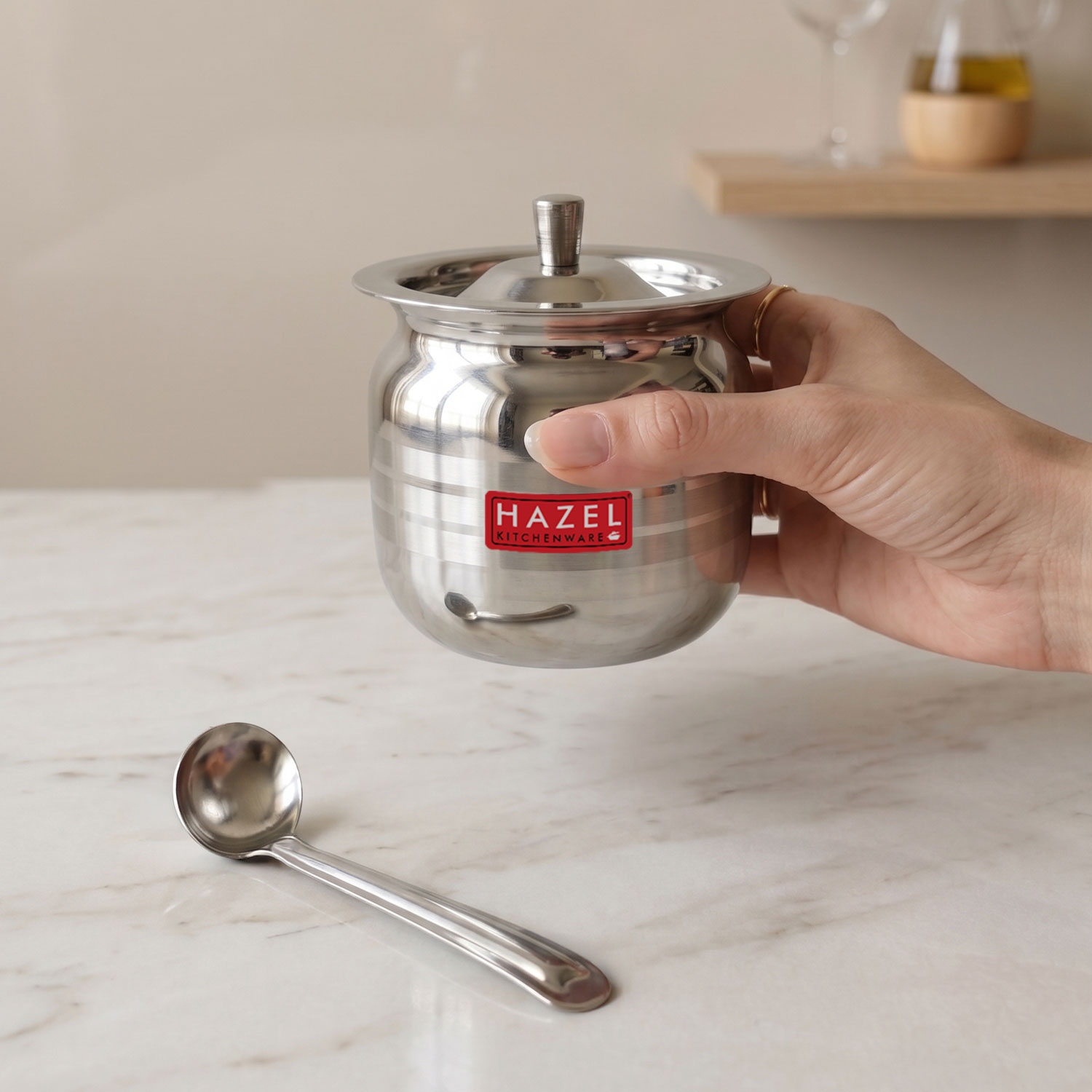 HAZEL Stainless Steel Supreme Hammered Finish Oil Ghee Pot, 450 ml, Silver