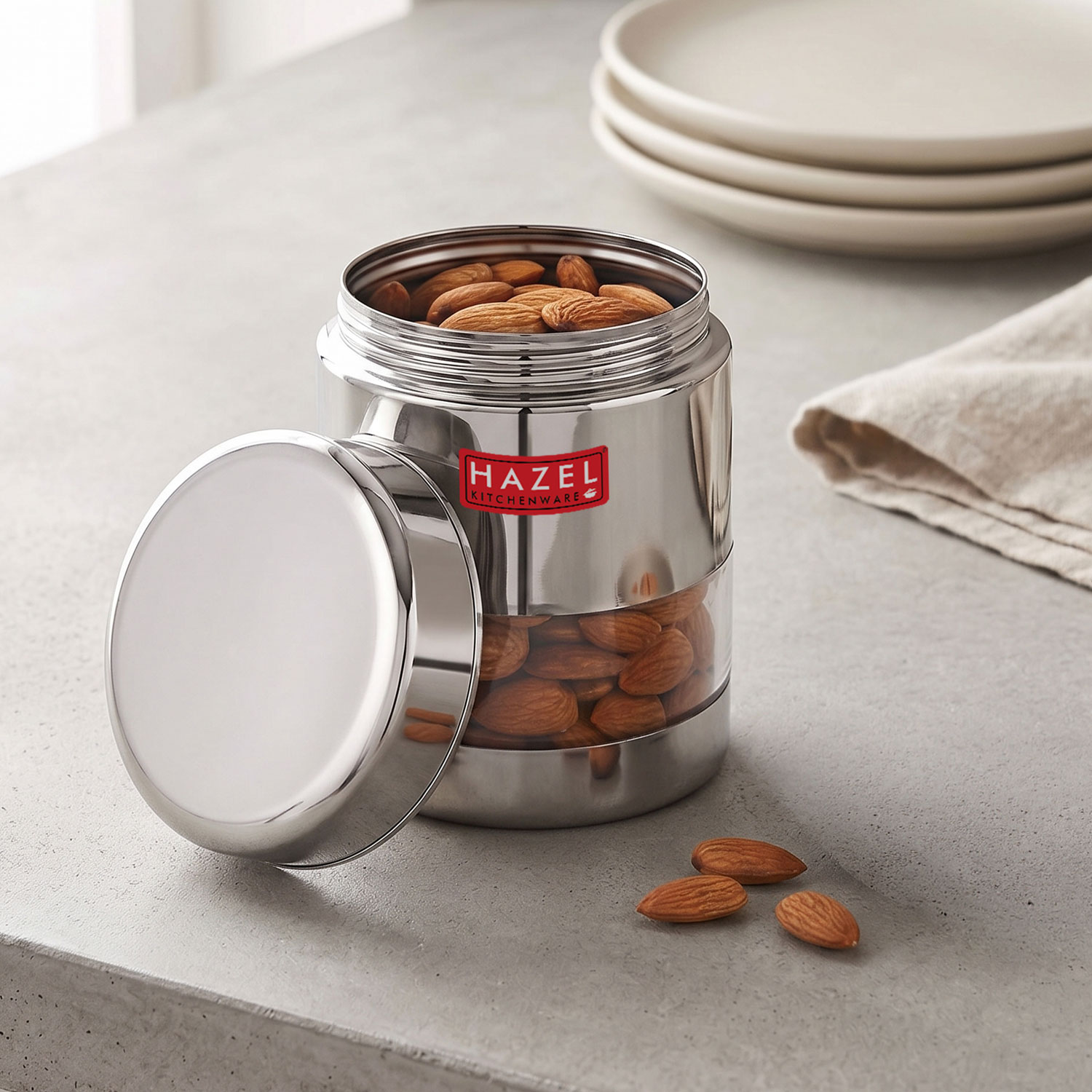 HAZEL Stainless Steel Transparent Glossy See Through Container, Silver, 500 ML