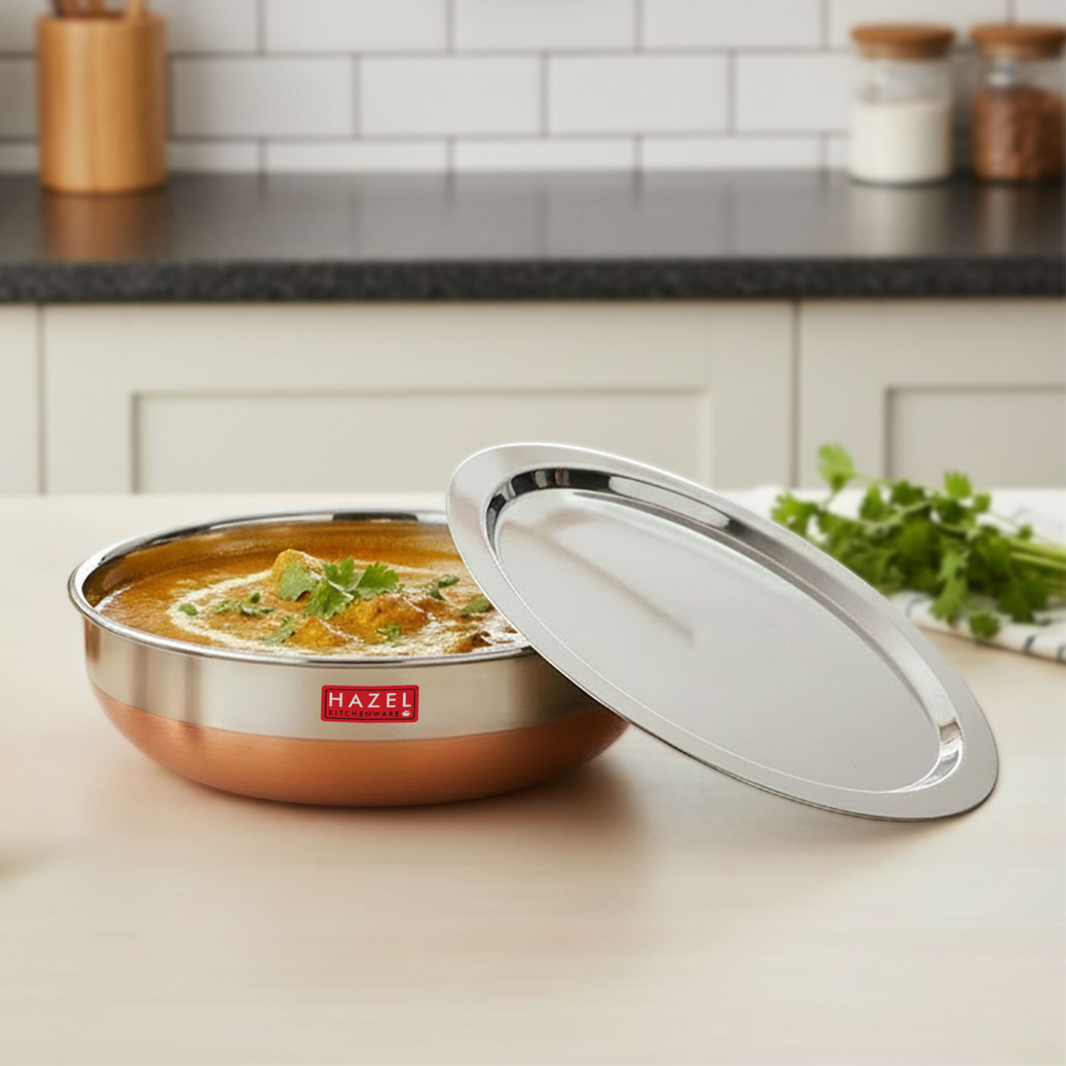HAZEL Alfa 18 Gauge Premium Stainless Steel Tasra Kadhai with Copper Bottom and Lid, 1000 ml, Silver & Copper
