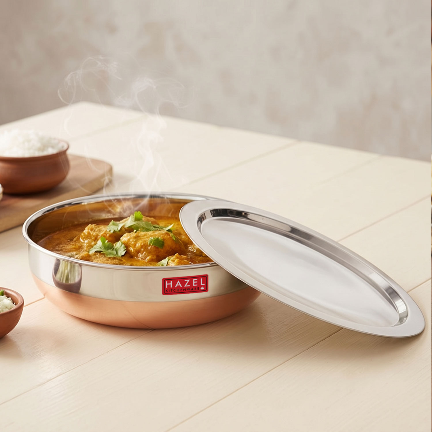 HAZEL Alfa 18 Gauge Premium Stainless Steel Tasra Kadai with Copper Bottom and Lid, 1500 ml, Silver & Copper