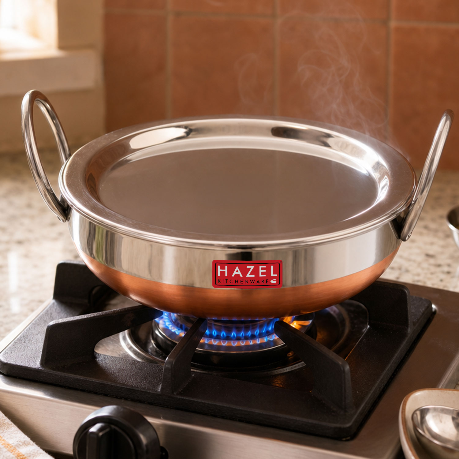 HAZEL Stainless Steel Kadai with Lid | Copper Bottom Utensil, Capacity of 1Ltr I 18 Gauge Vessel, Silver & Copper I Ideal for Daily Use