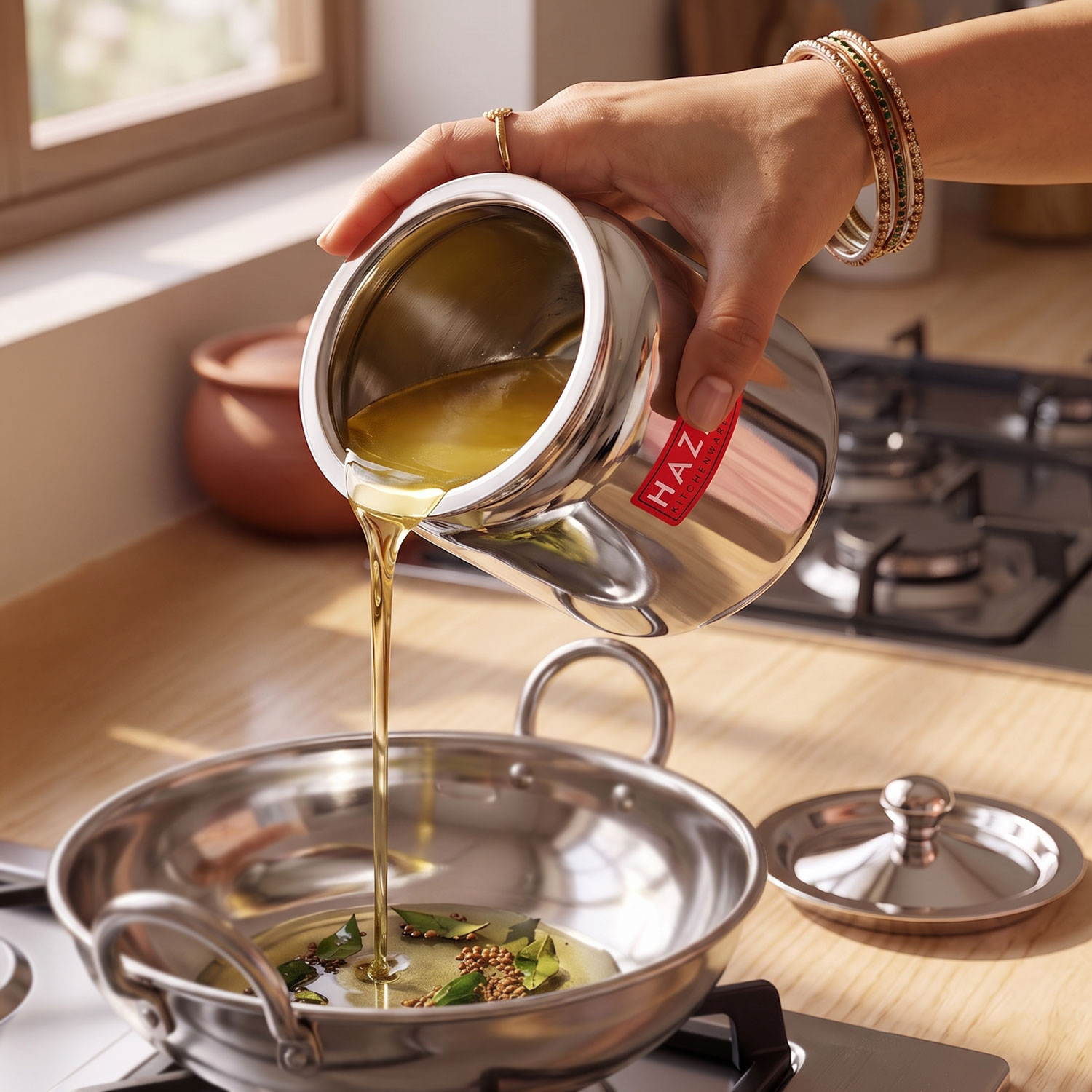 HAZEL Stainless Steel Oil / Ghee Storage Container, 600 ml, Silver