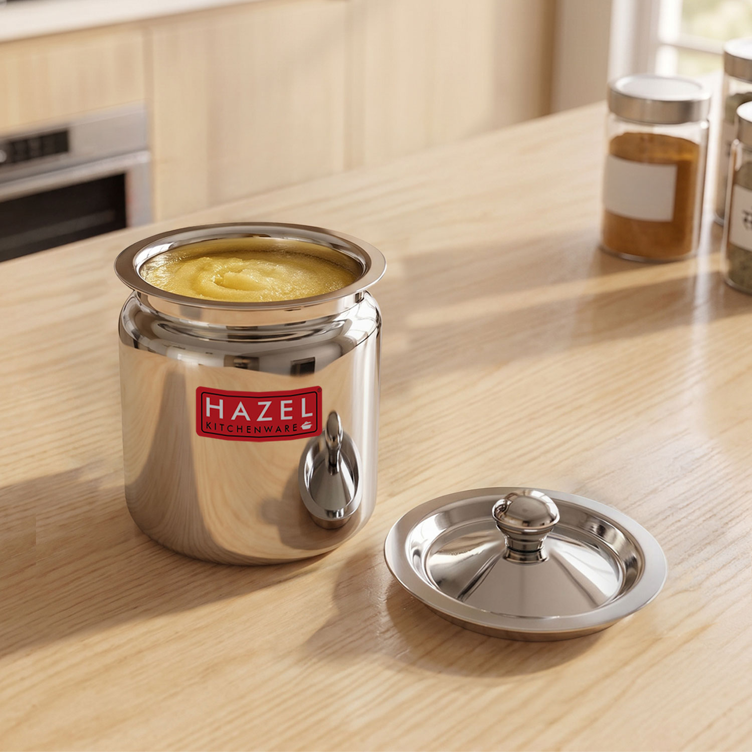 HAZEL Stainless Steel Oil / Ghee Storage Container, 600 ml, Silver