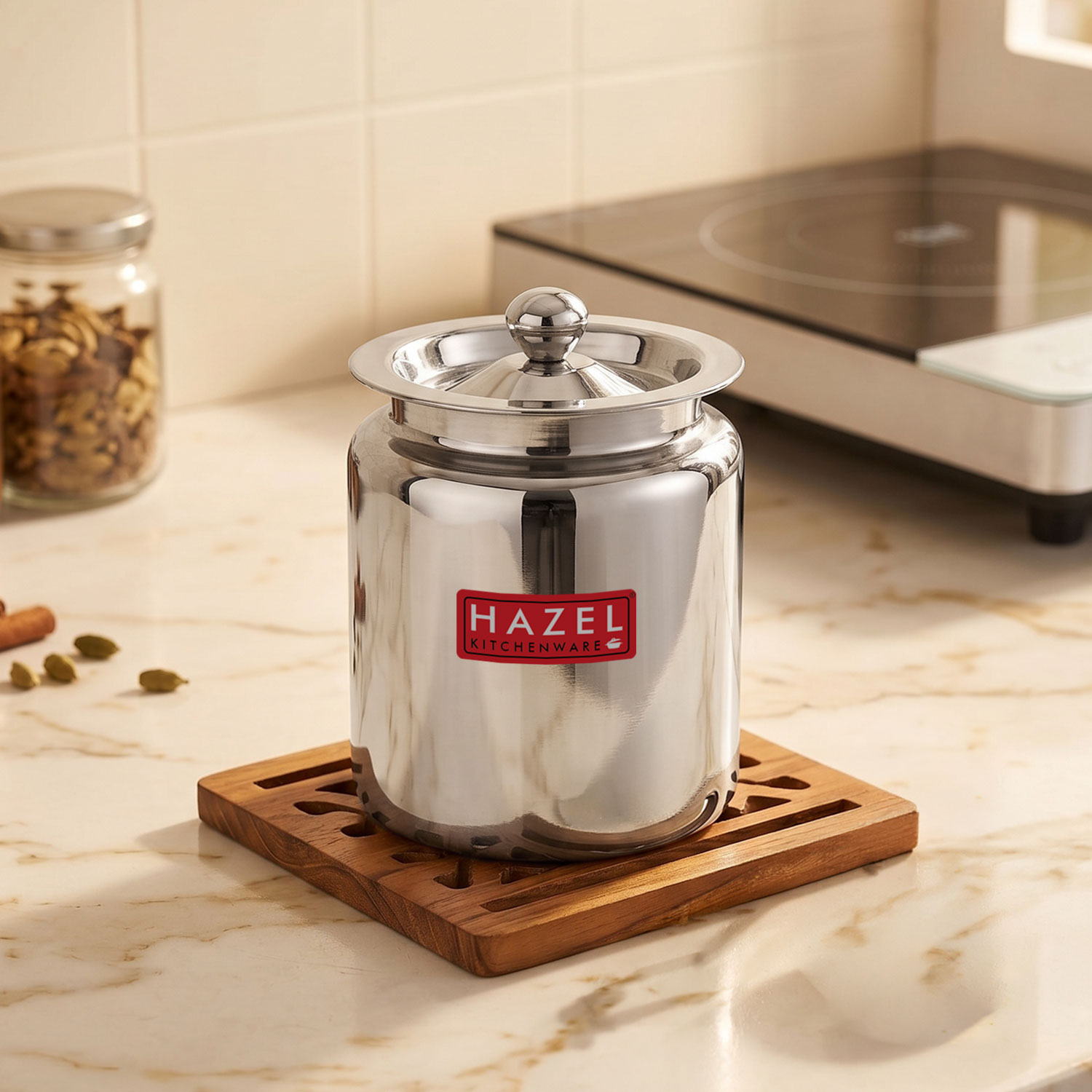HAZEL Stainless Steel Oil / Ghee Storage Container, 800 ml, Silver
