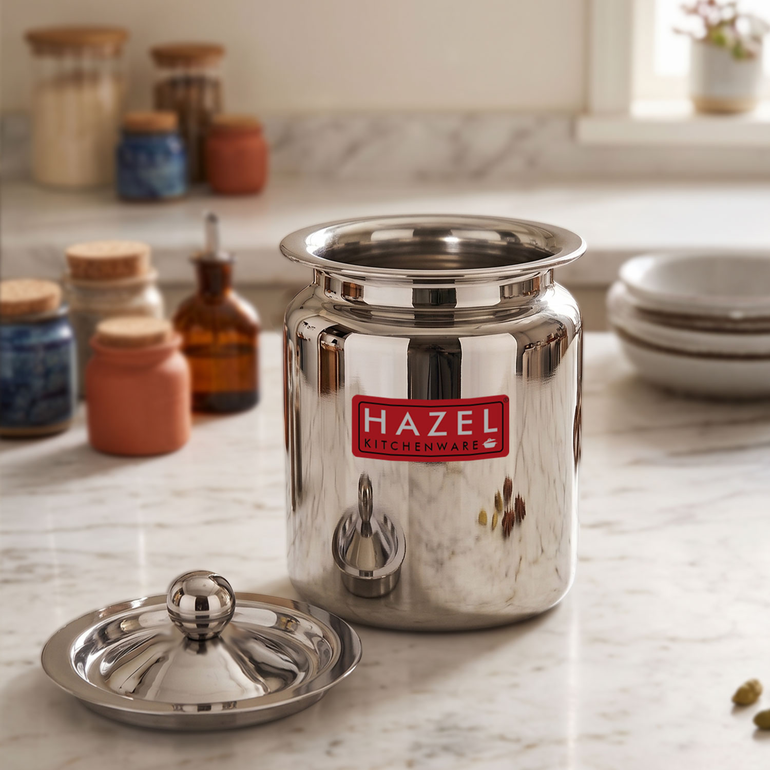 HAZEL Stainless Steel Oil / Ghee Storage Container, 800 ml, Silver