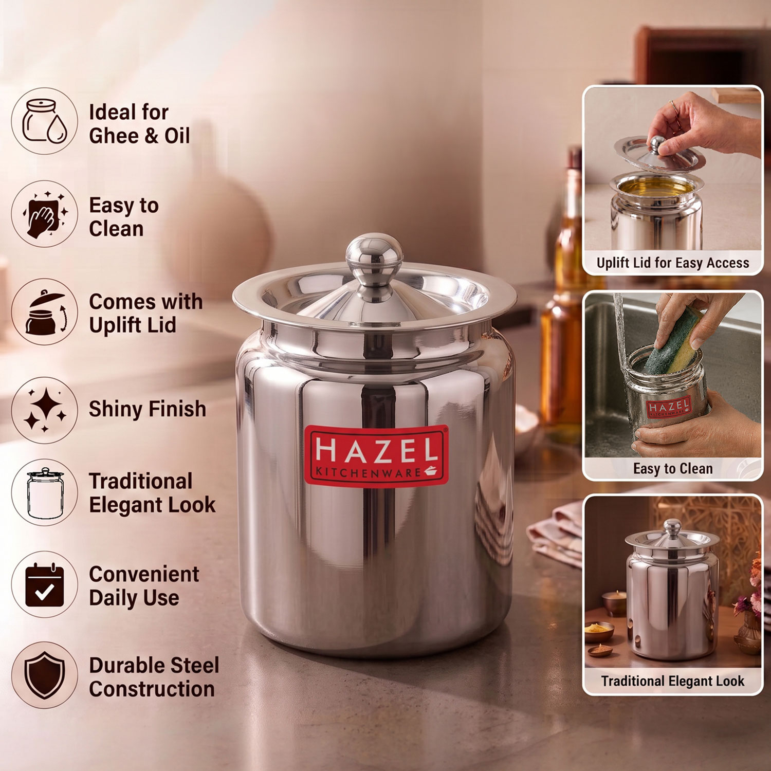 HAZEL Stainless Steel Oil / Ghee Storage Container, 800 ml, Silver