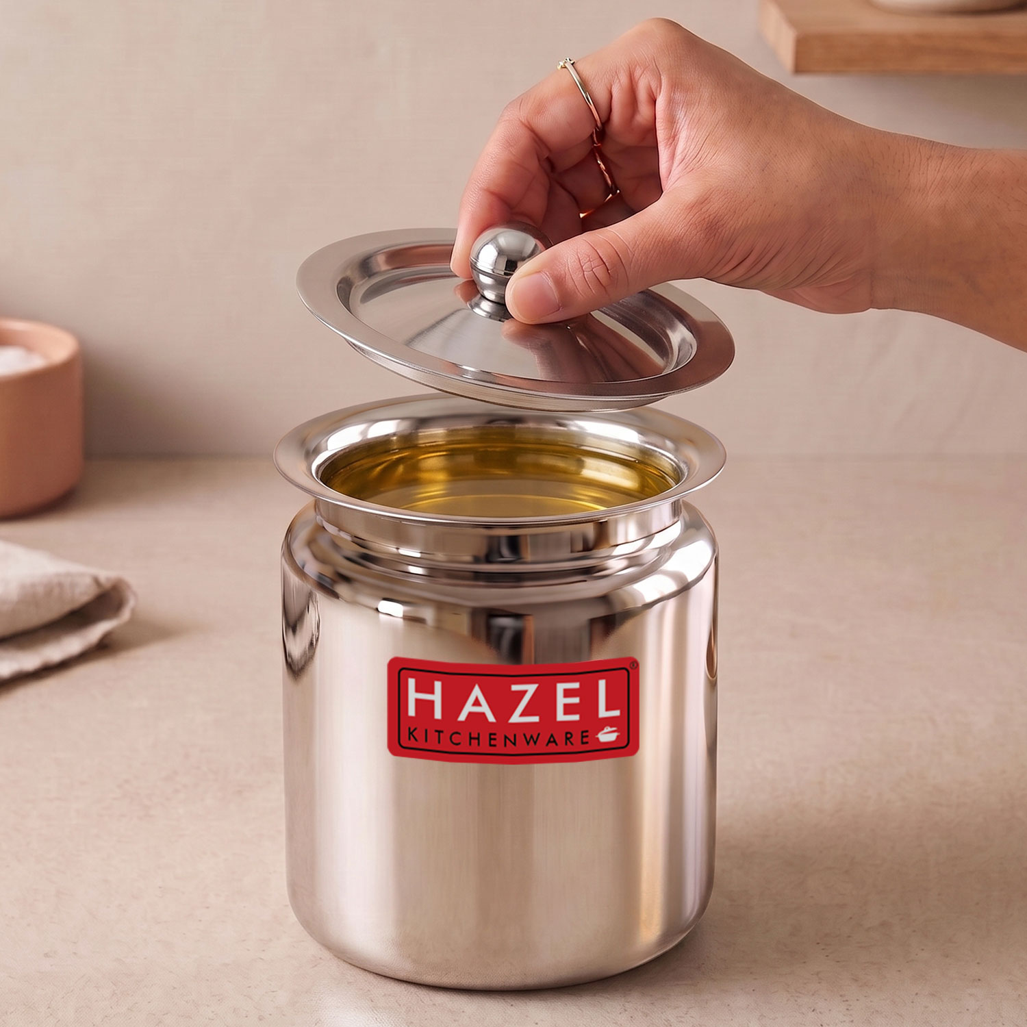 HAZEL Stainless Steel Oil / Ghee Storage Container, 1.1 Litre, Silver