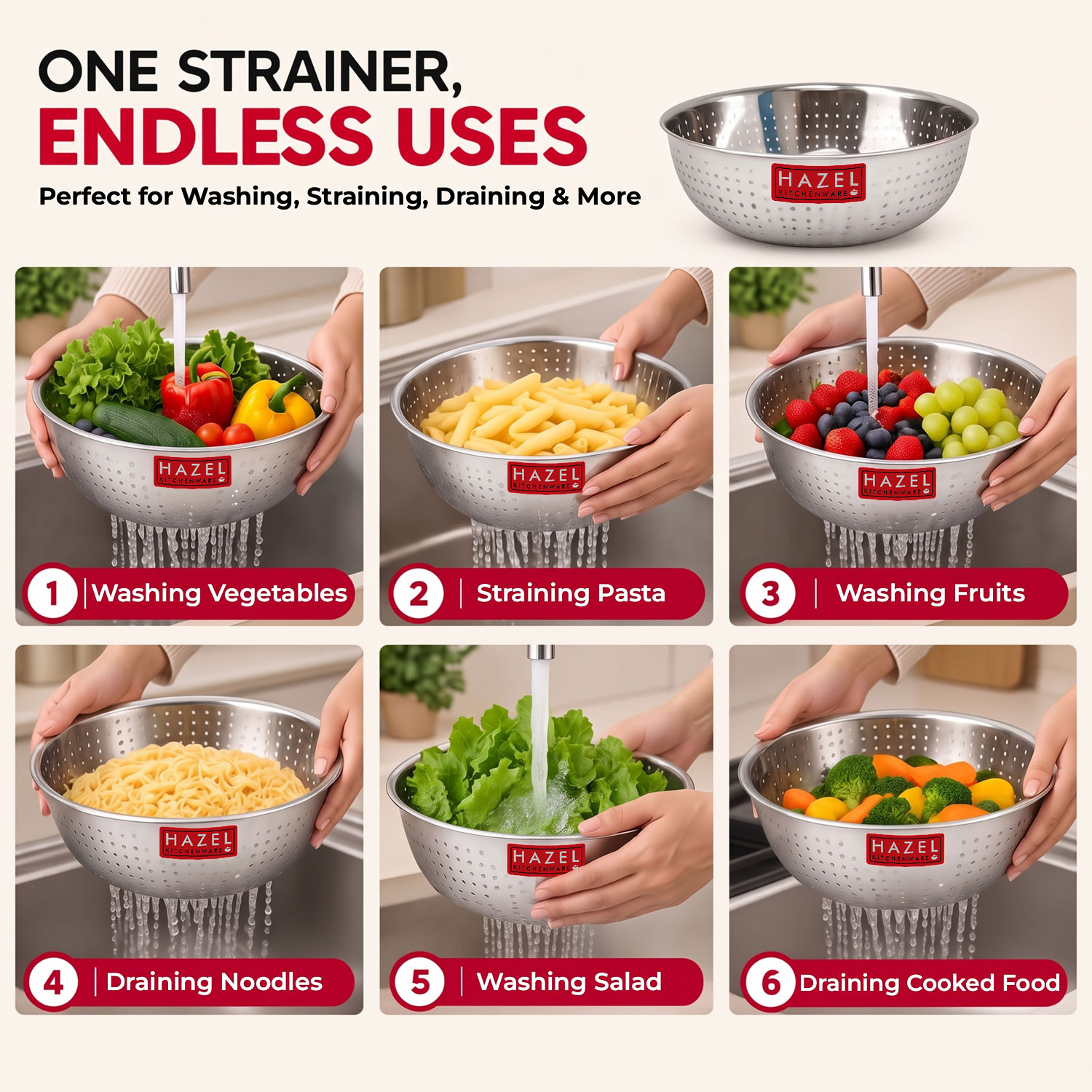 HAZEL Stainless Steel Multipurpose Food & Vegetable Strainer, 1 Pc, Dia 27 cm